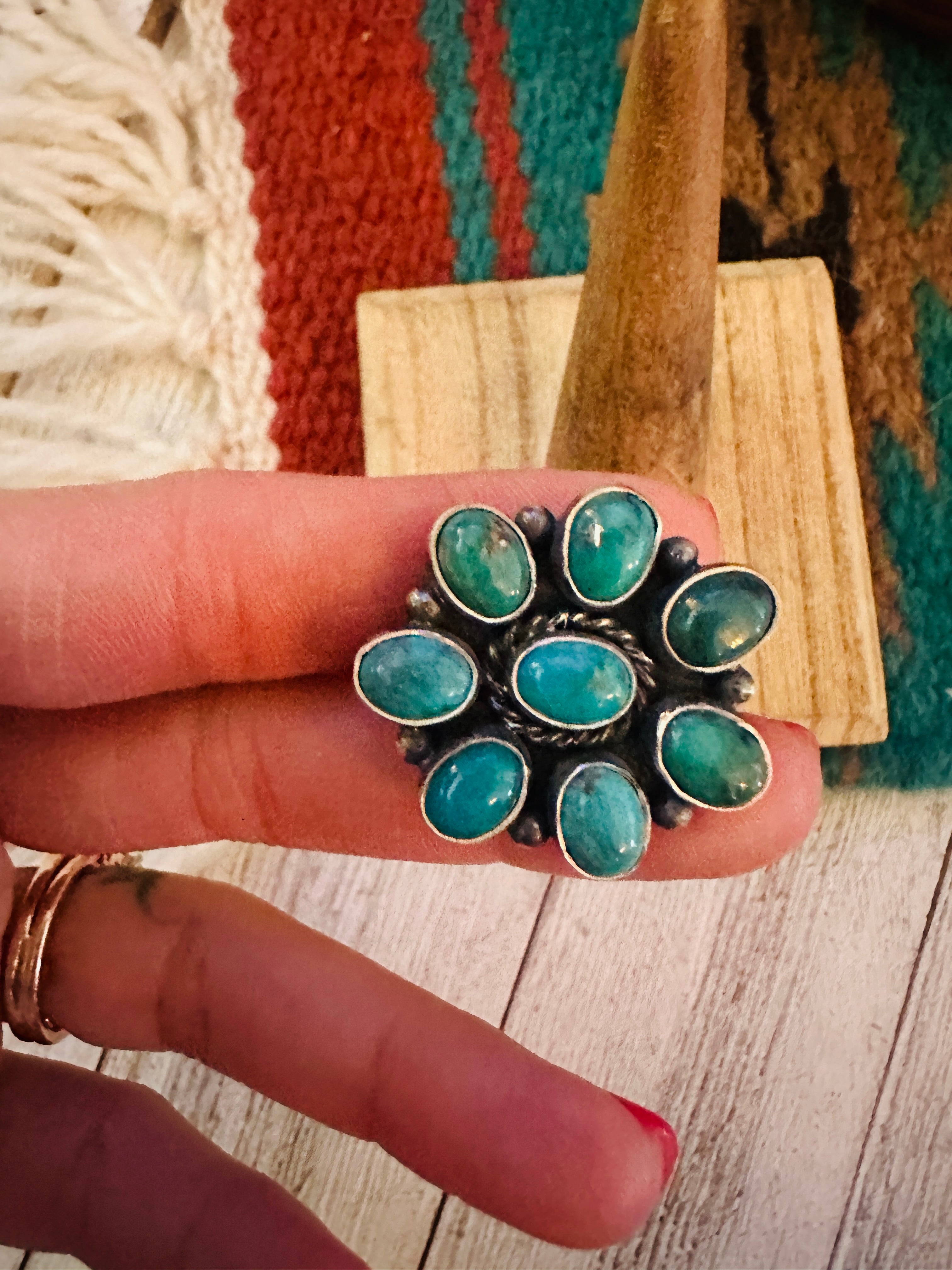 Navajo Sterling Silver & Turquoise Cluster Adjustable Ring