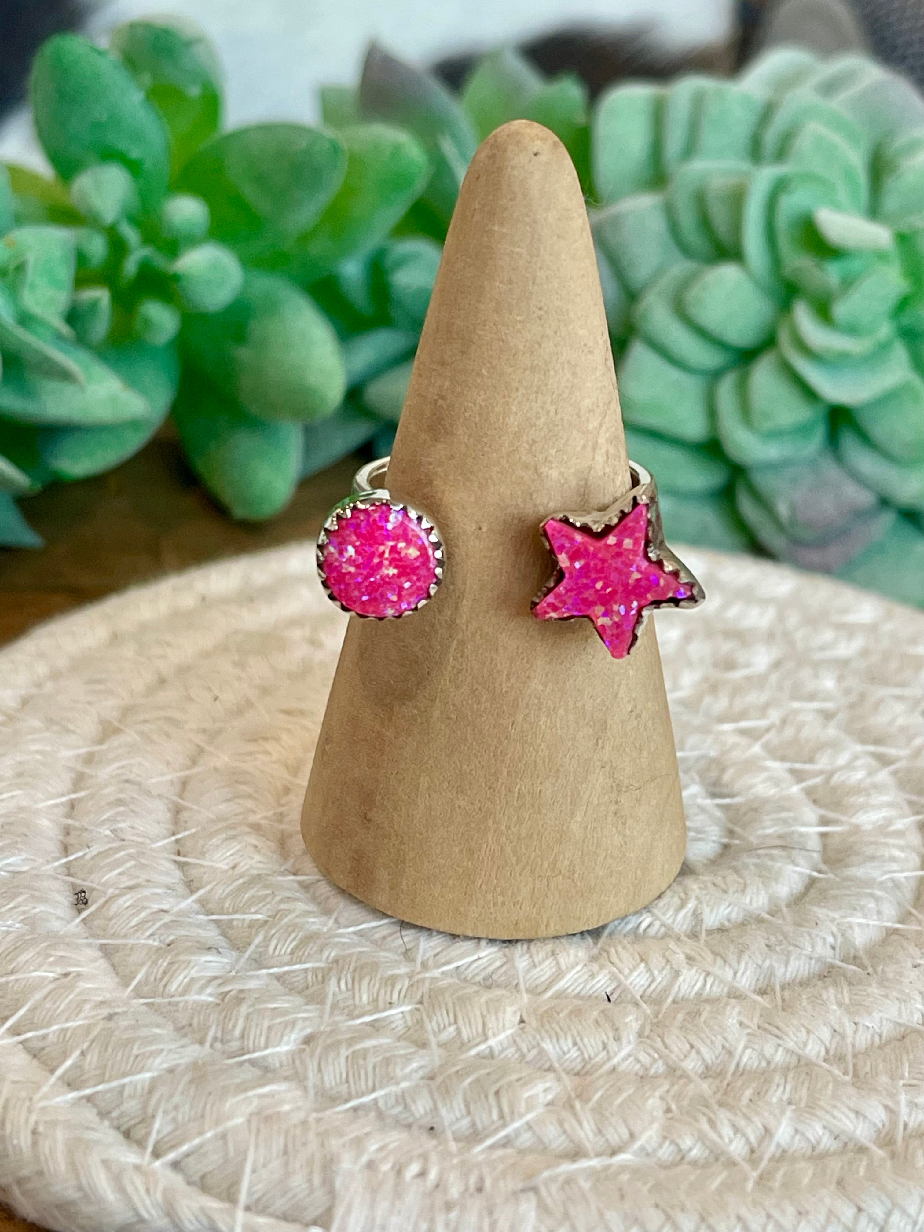 Handmade Hot Pink Fire Opal & Sterling Silver Adjustable Star Ring