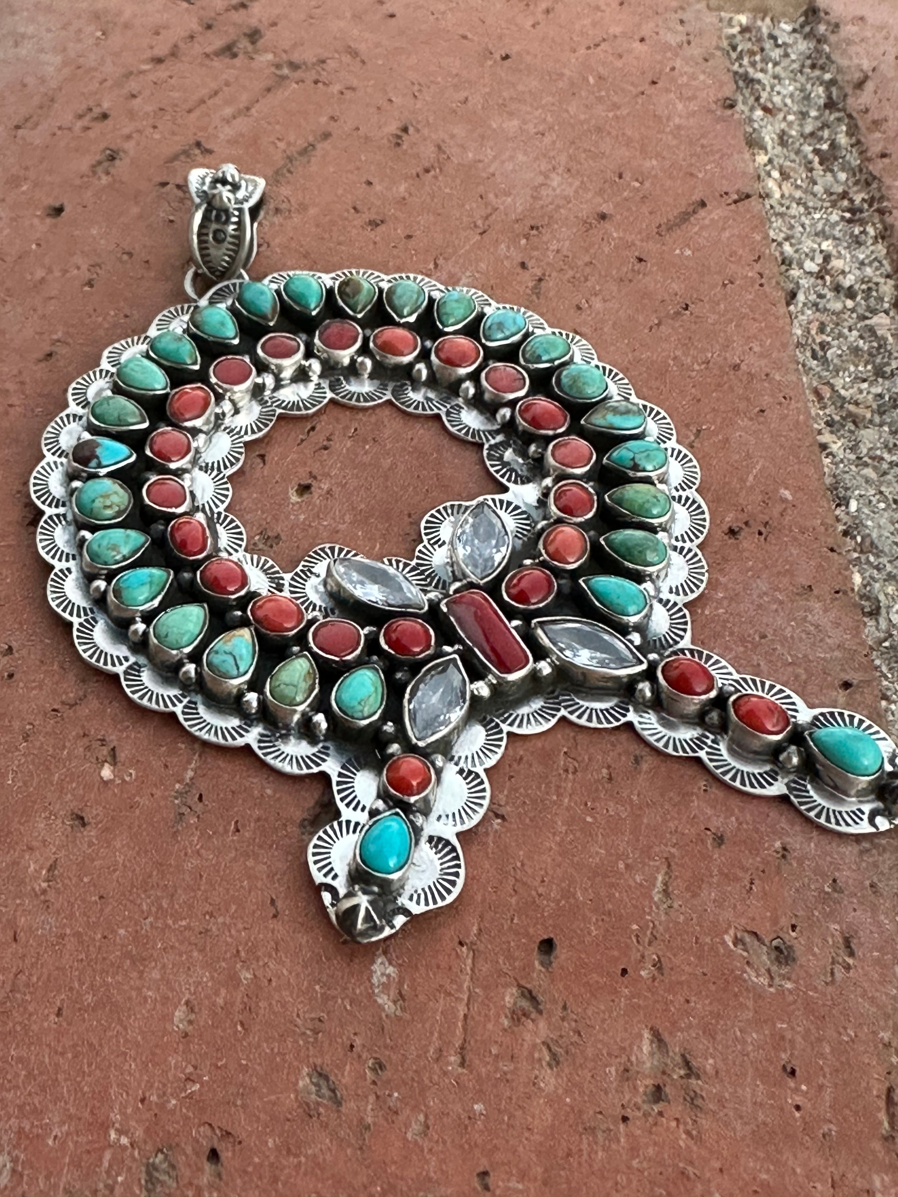 Handmade Sterling Silver, Coral & Kingman Turquoise Christmas Wreath Pendant