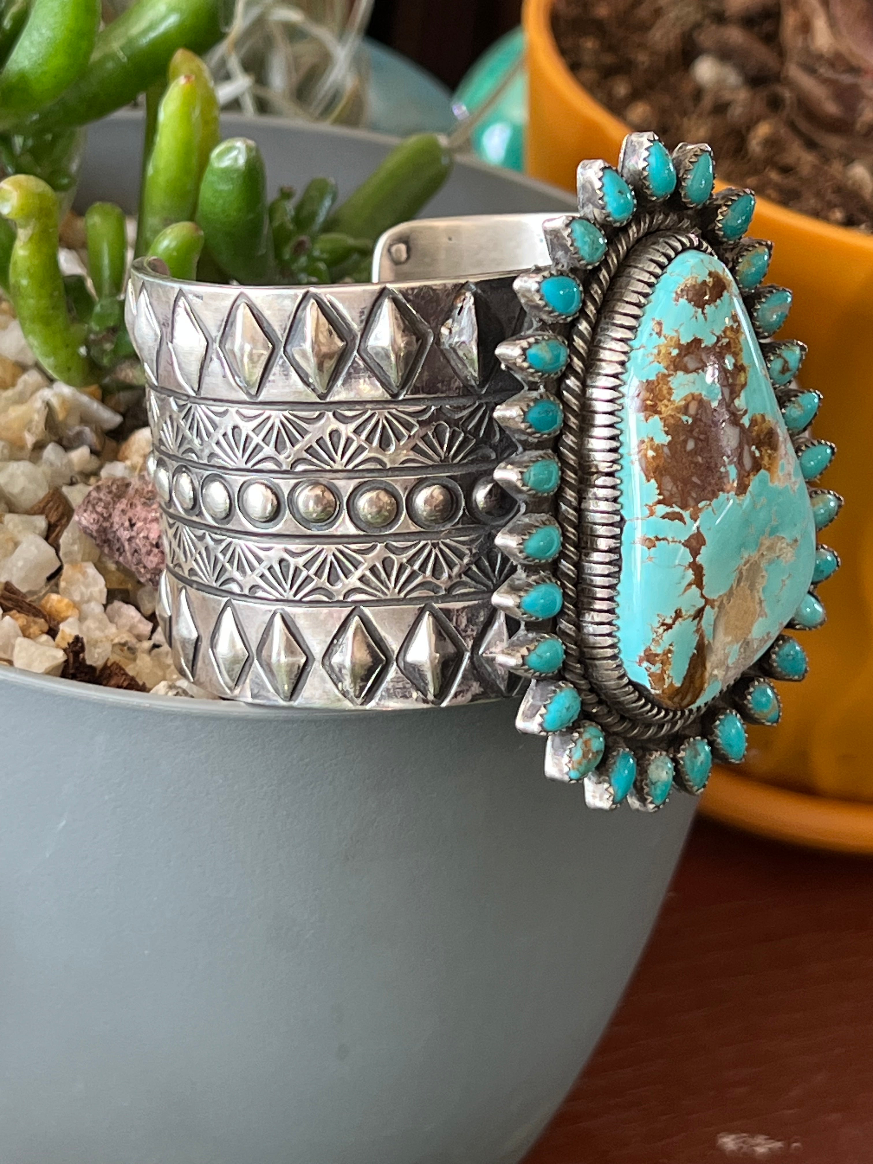 Sterling Silver & Royston Turquoise Cluster Cuff Bracelet by Glenn Livingston