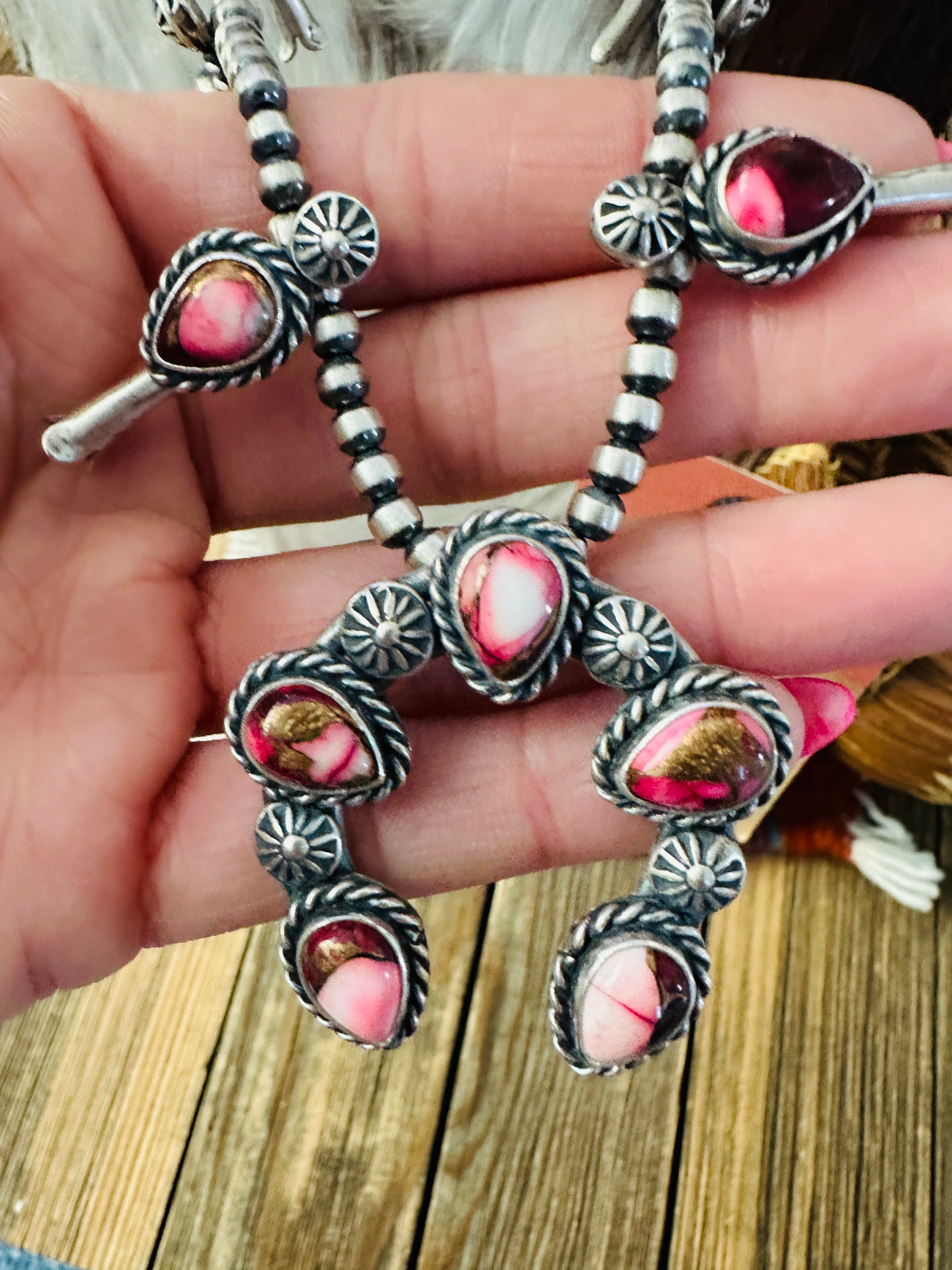 Handcrafted Sterling Silver & Rose Dahlia Squash Blossom Necklace Set