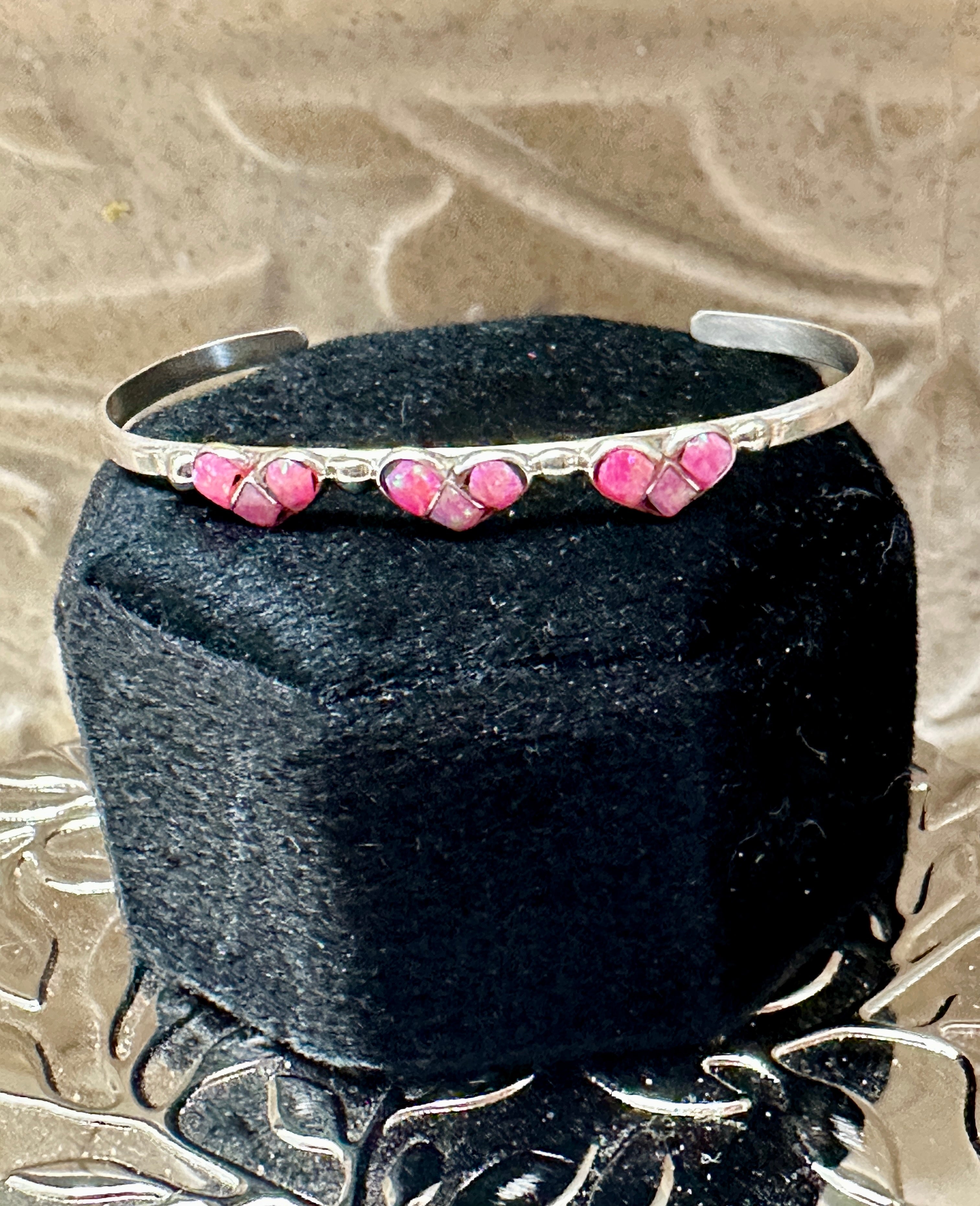 Sterling Silver Opal Three Pink Hearts Baby Cuff Bracelet