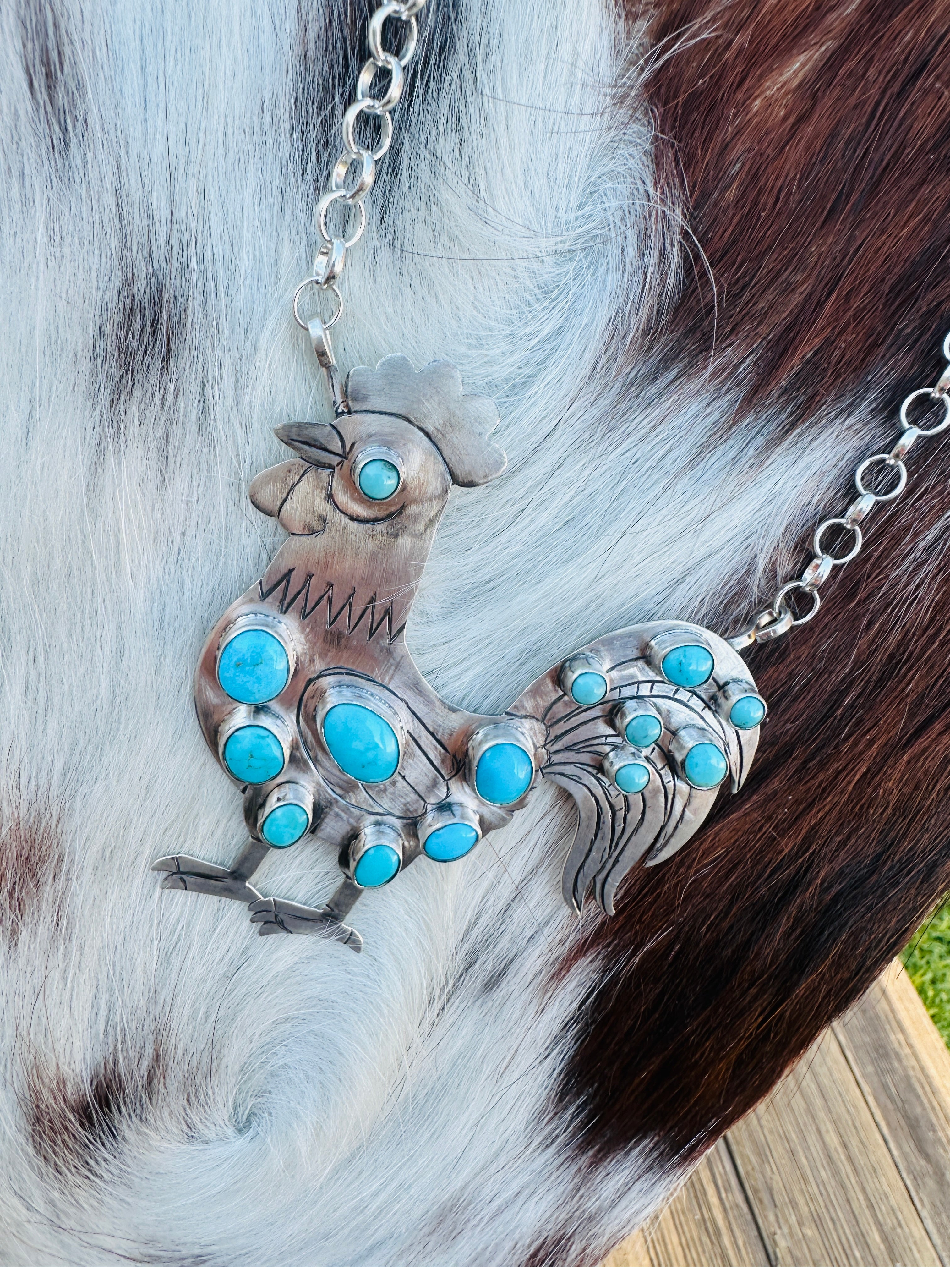 Handcrafted Turquoise & Sterling Silver Rooster Necklace