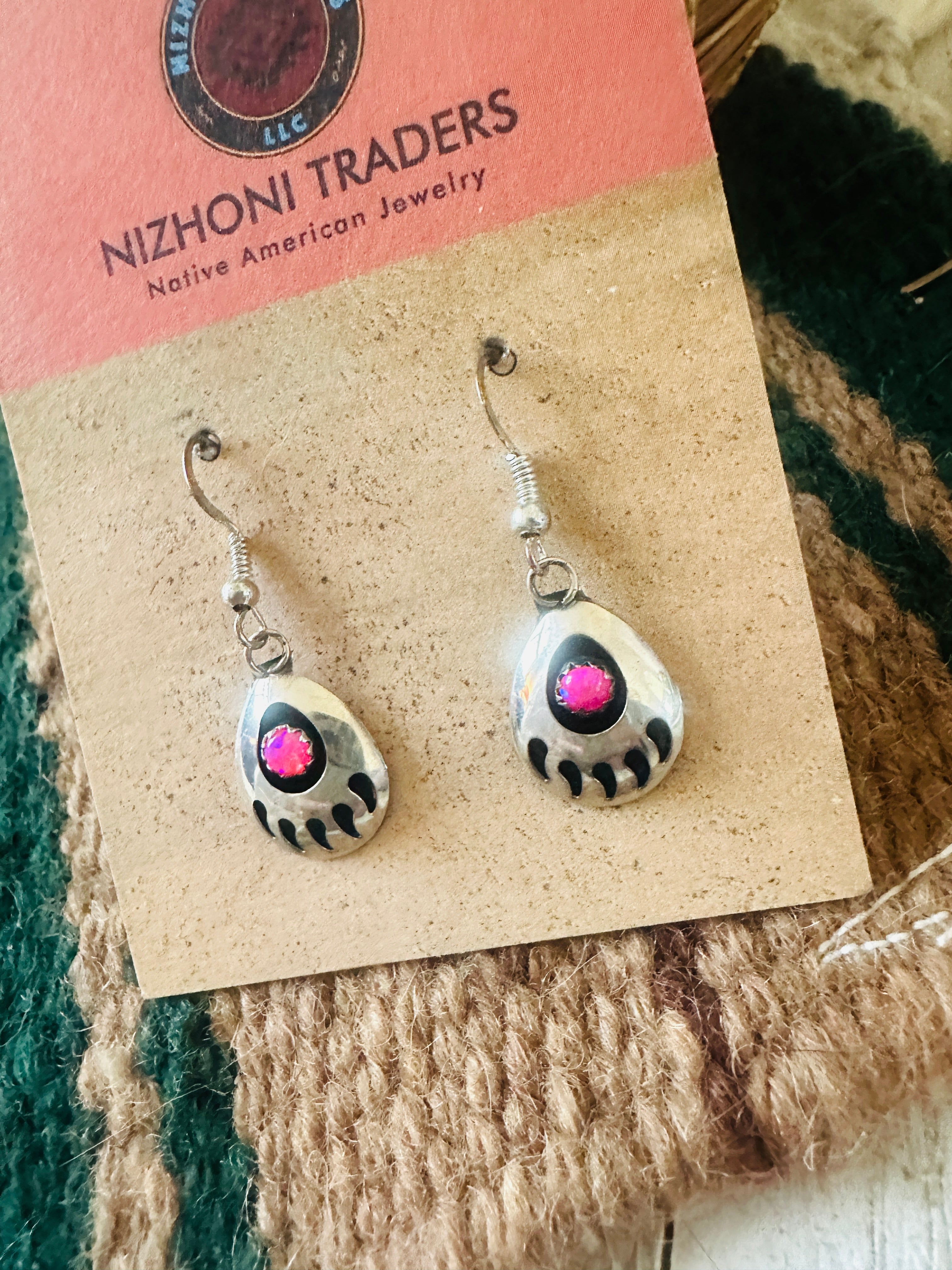 Navajo Pink Opal & Sterling Silver Bear Paw Dangle Earrings