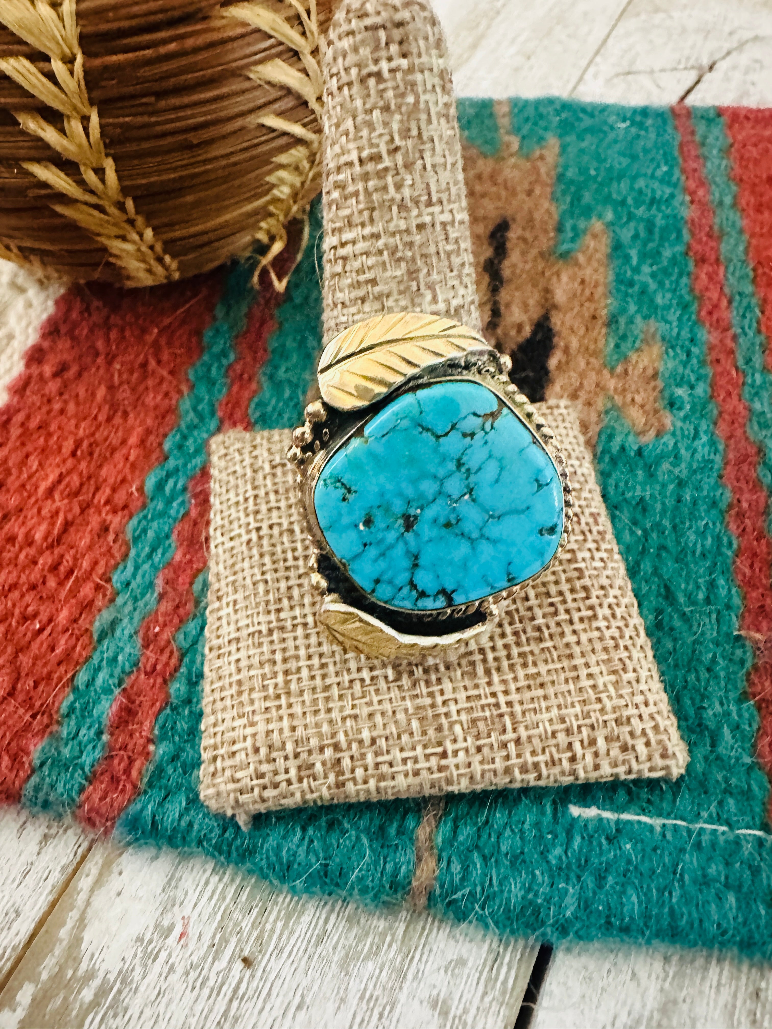 Handcrafted Old Pawn Sterling Silver & Turquoise Ring Size 10.5