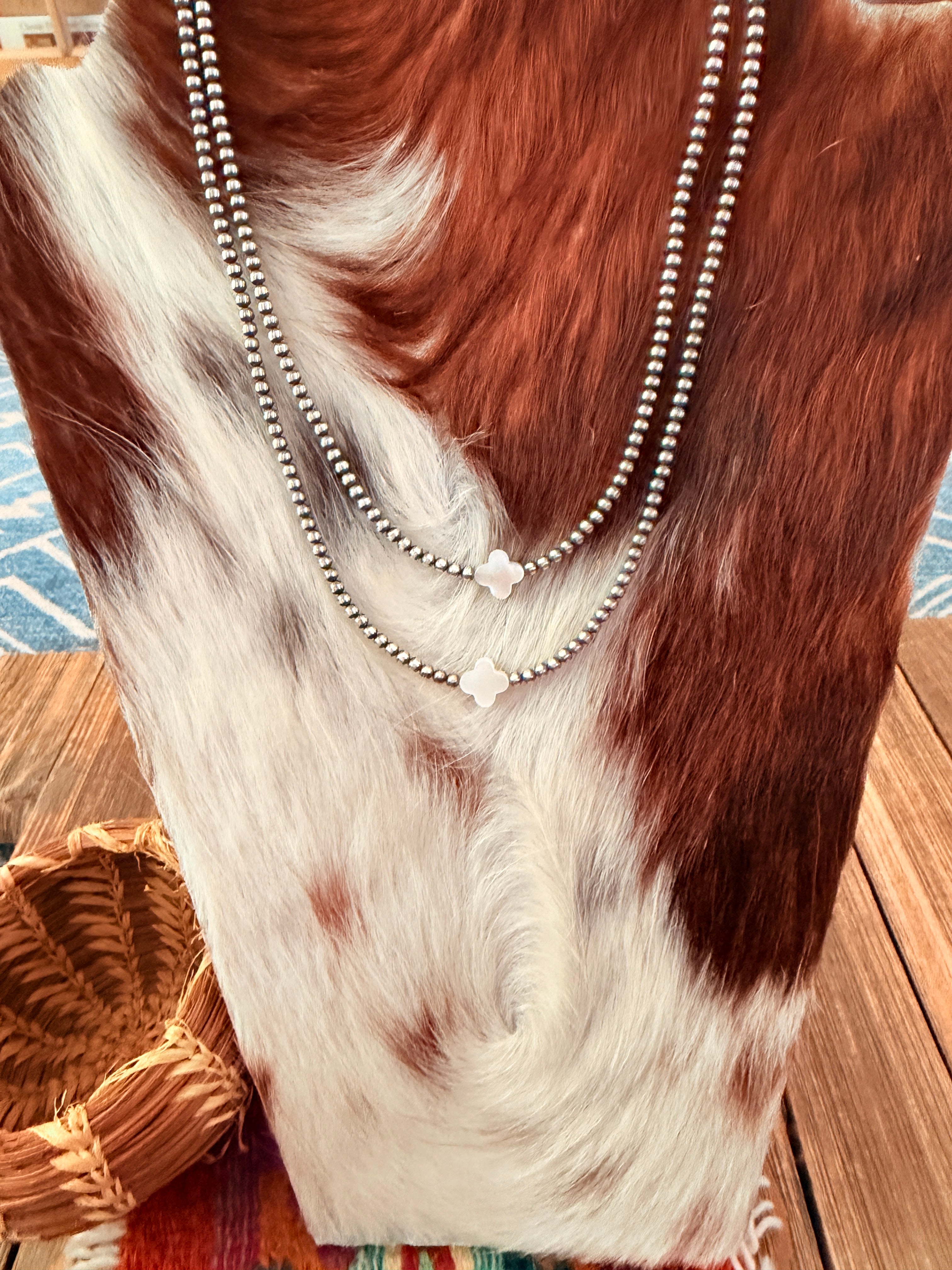 Handcrafted Mother of Pearl and Sterling Silver Pearl Quatrefoil Beaded Necklace