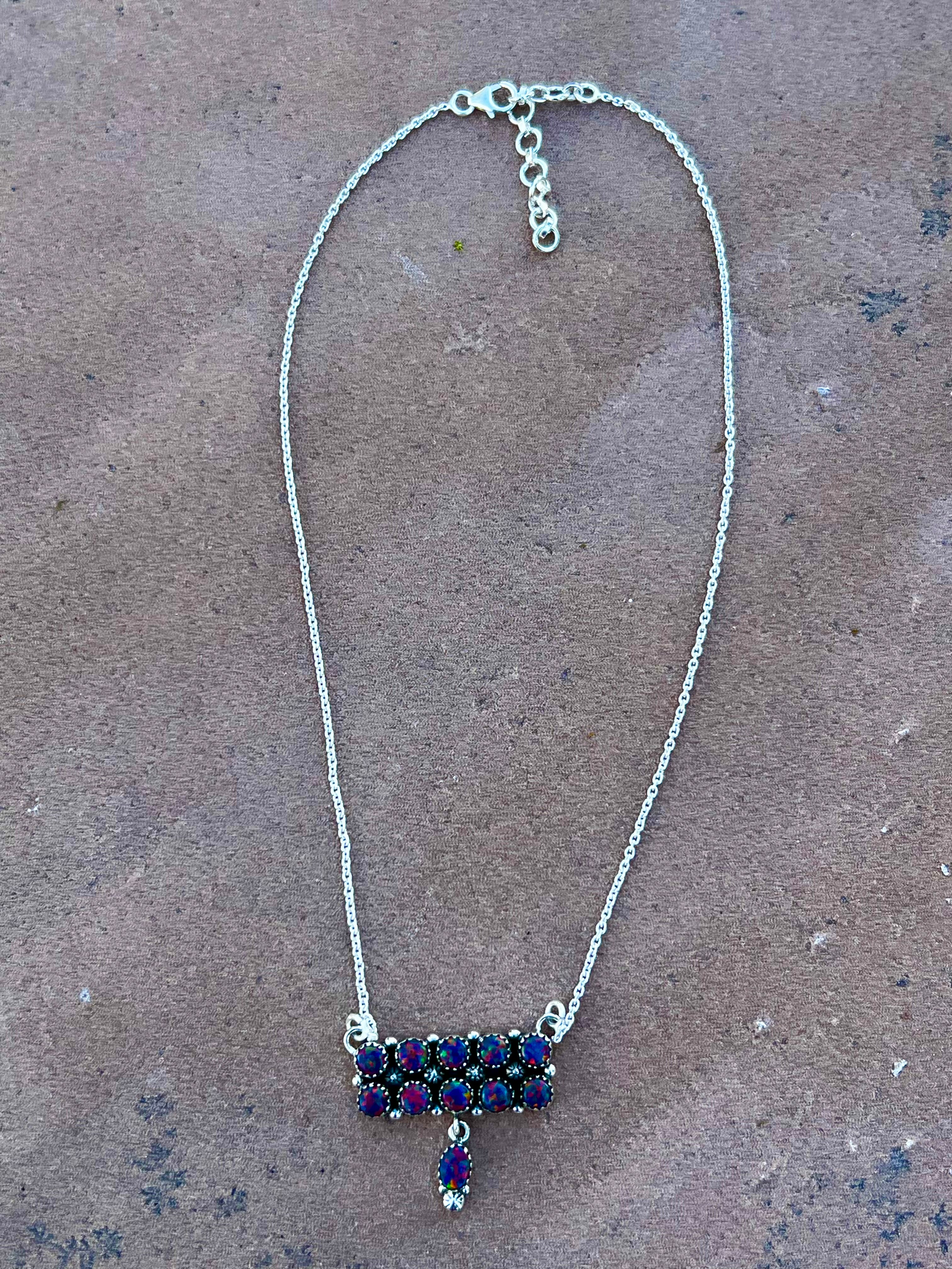 Handmade Sterling Silver & Fire Blue Opal Tear Drop Dangle, Bar Necklace