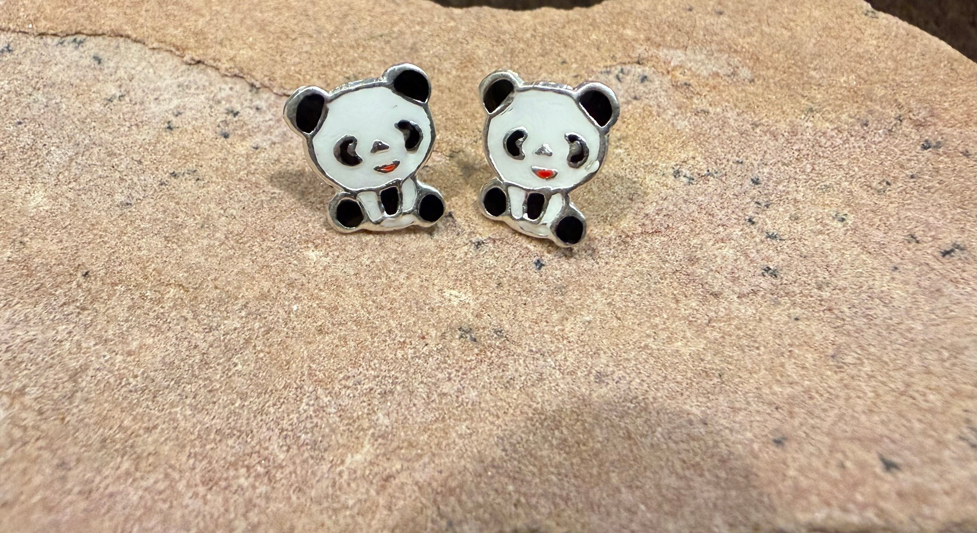 Panda Bear Sterling Silver Stud Earrings