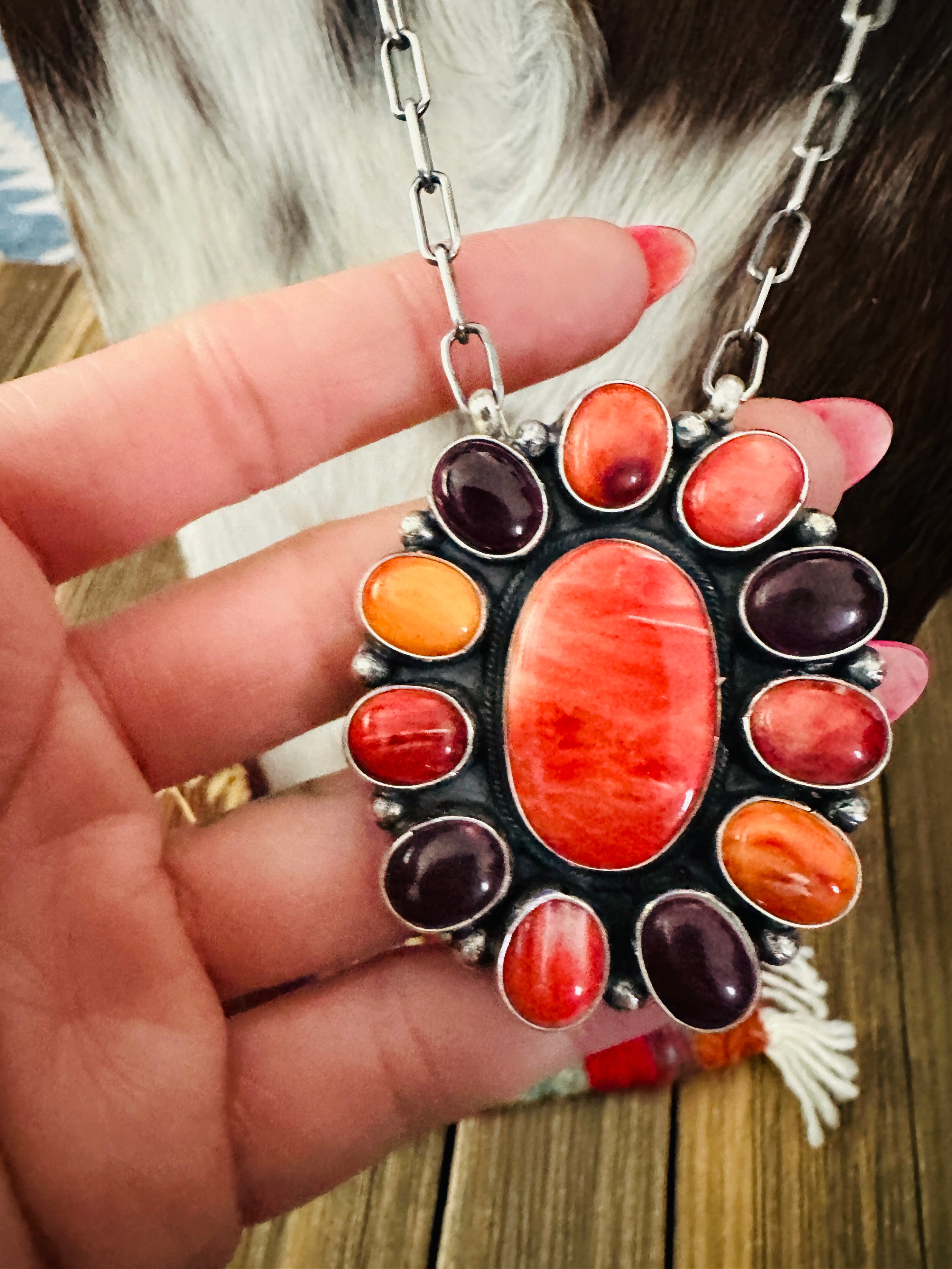 Handcrafted Multicolor Spiny Oyster & Sterling Silver Cluster Necklace by Sheila Becenti