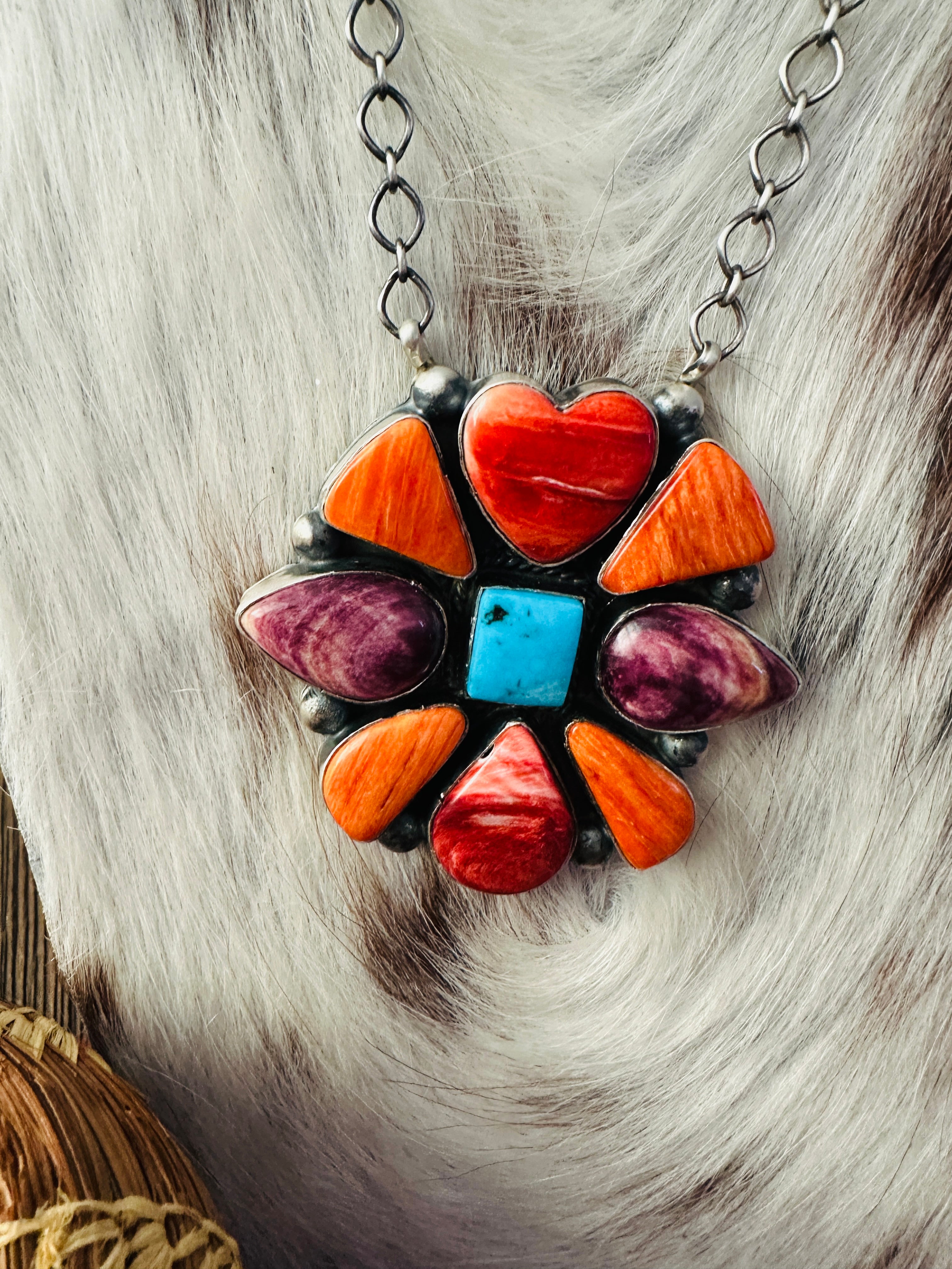 Handcrafted Spiny Oyster, Turquoise & Sterling Silver Necklace by Vicky Hicks