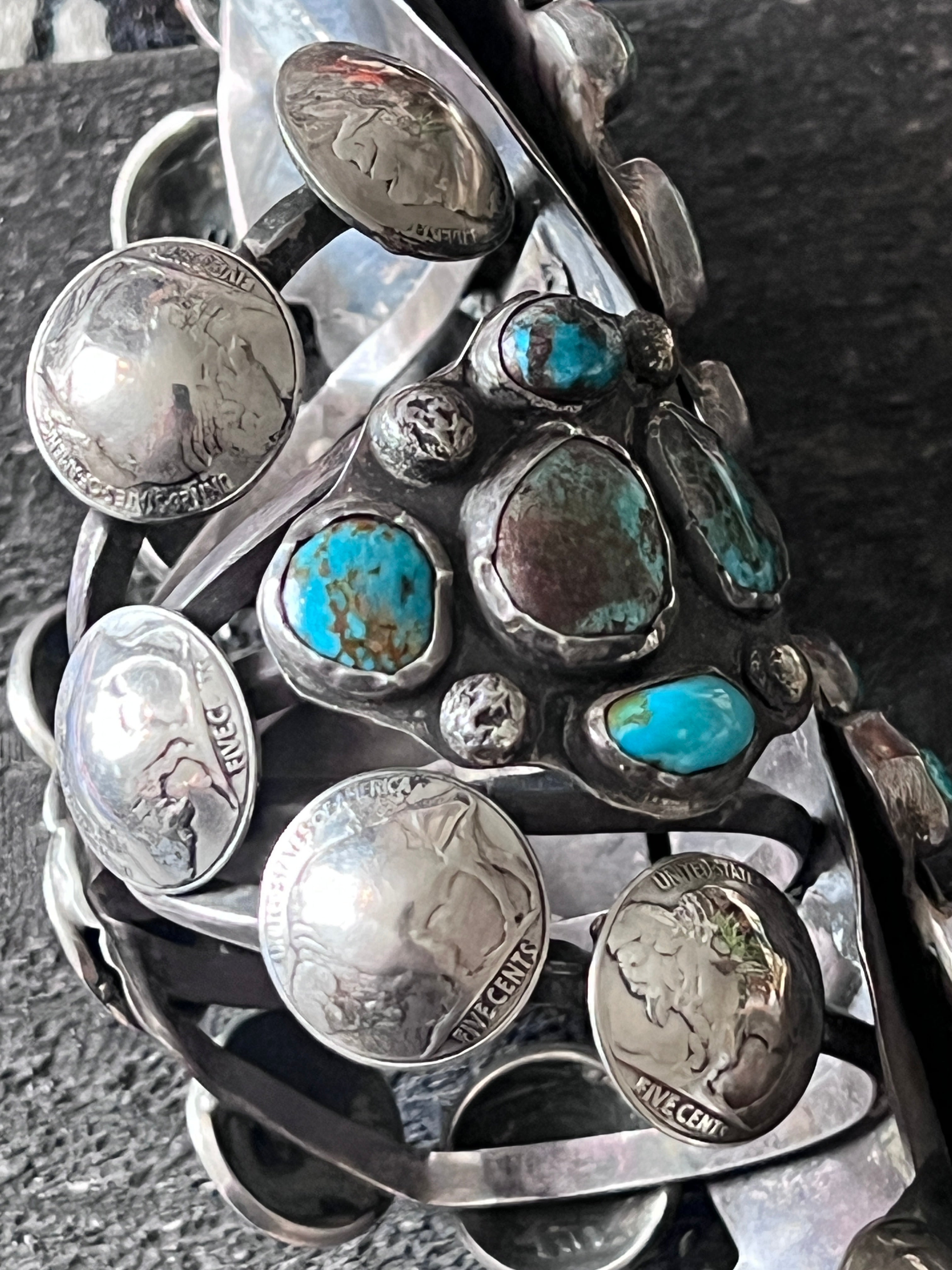 Insane Old Pawn Sterling Silver, Morgan Dollar, Buffalo Nickel and Turquoise Cuff Bracelet