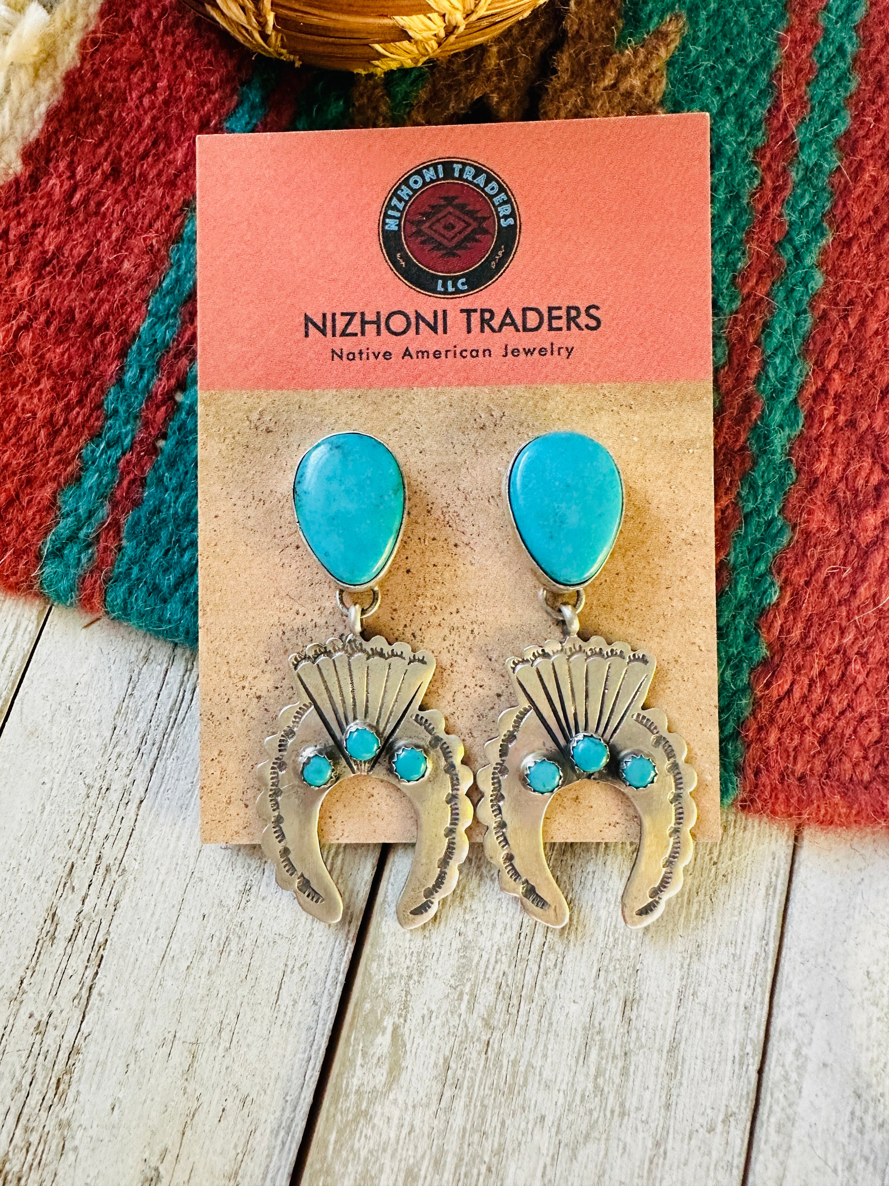 Navajo Turquoise & Sterling Silver Naja Dangle Earrings