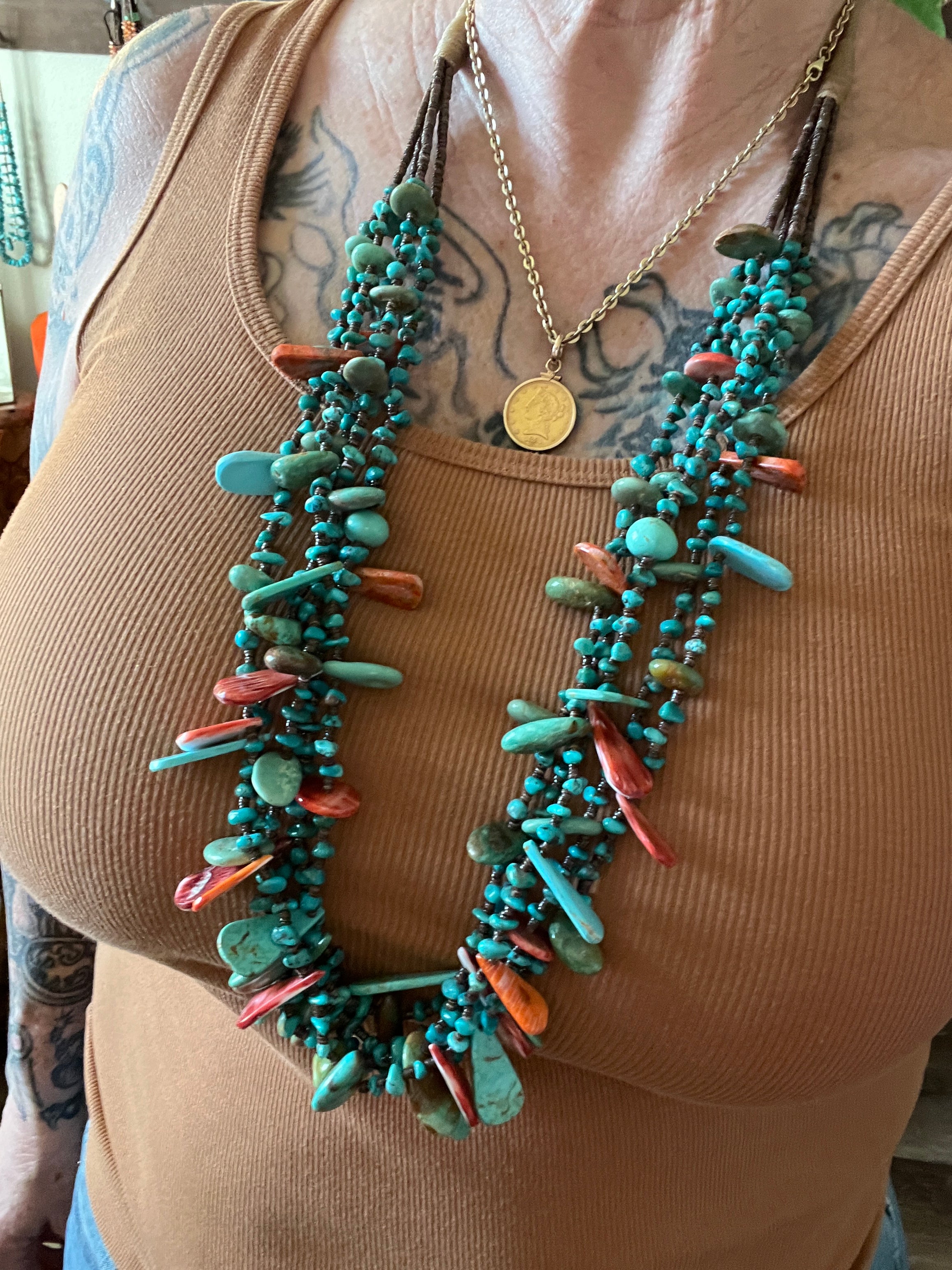 Gorgeous Handcrafted Five Strand Turquoise and Spiny Oyster Beaded Squaw Wrap Necklace with Tabs by Daniel Coriz