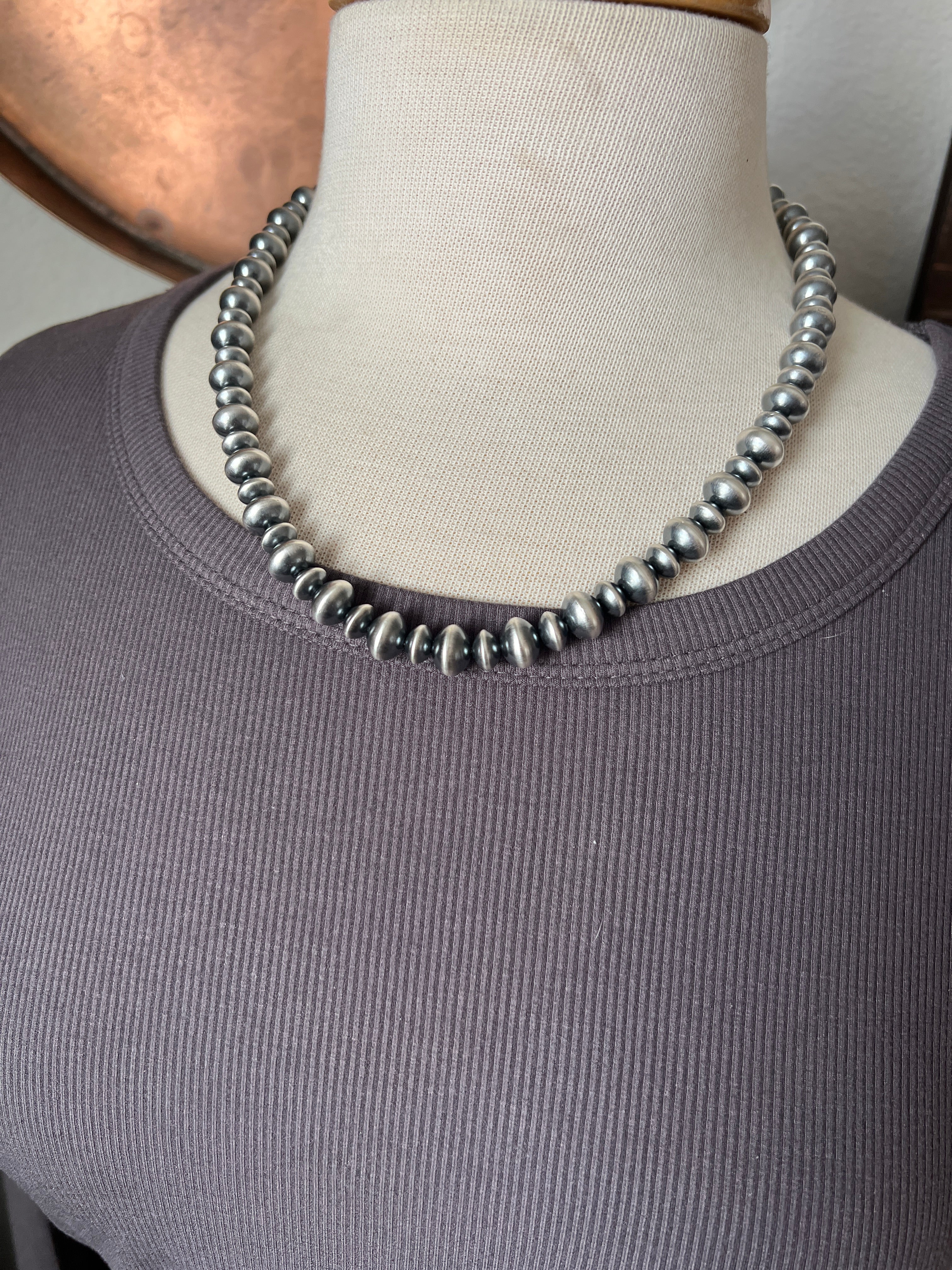 Vinita Cowboy Handcrafted 8 & 10mm Sterling Silver Saucer Pearl Necklace, 21 inches