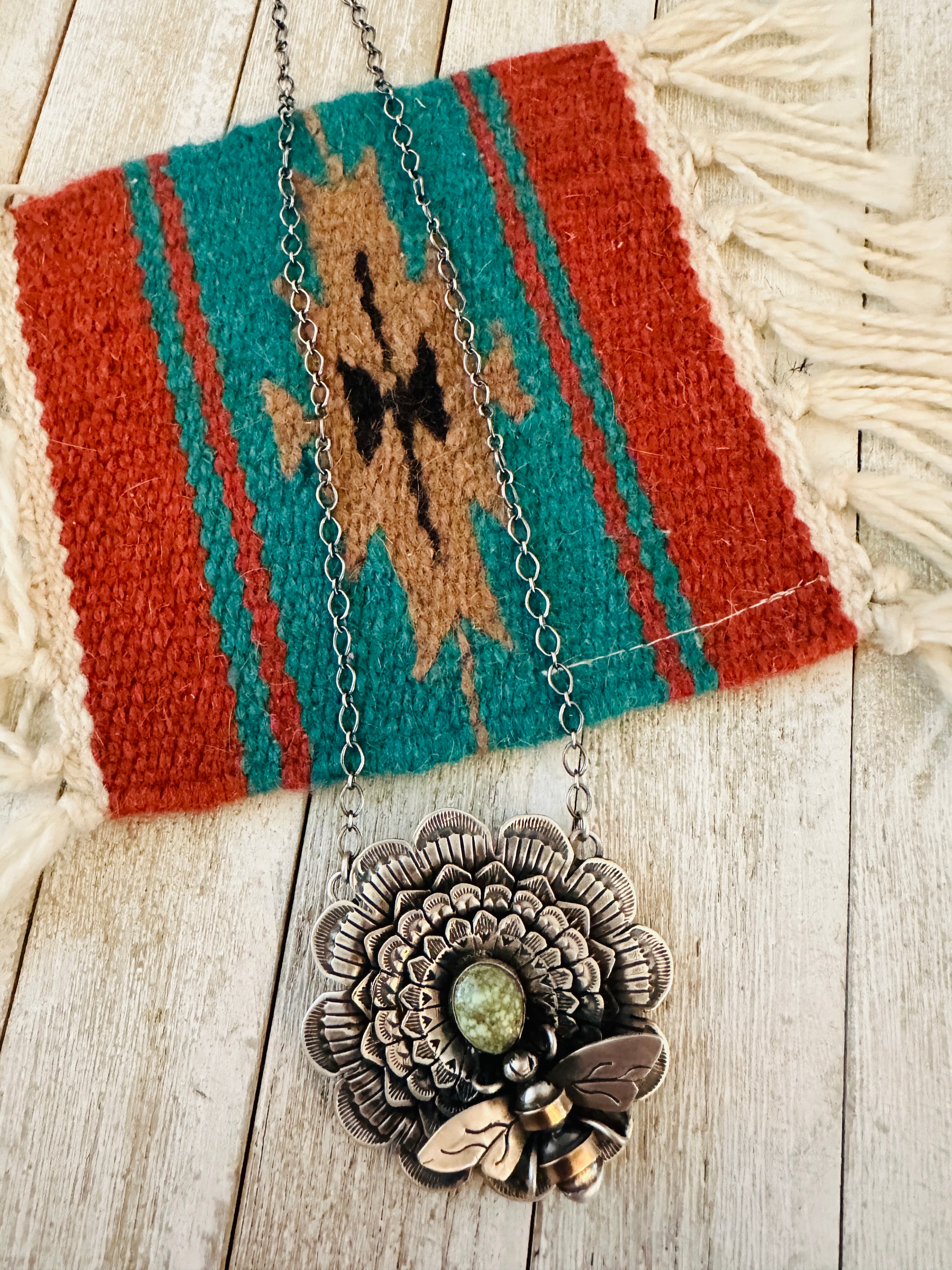 Handcrafted Sterling Silver and Turquoise Sunflower Necklace with Bee by Russell Sam