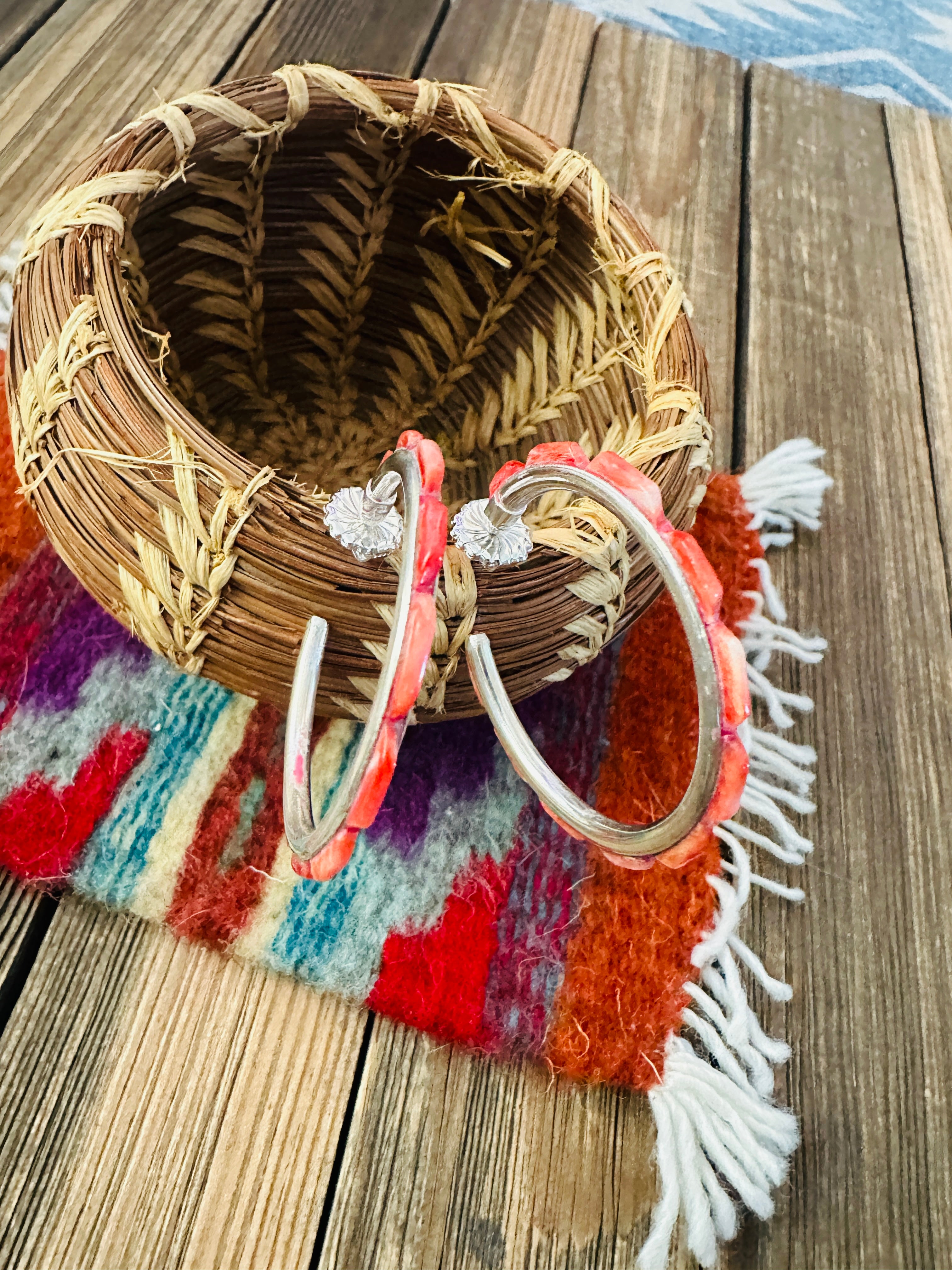 Handcrafted Spiny Oyster & Sterling Silver Hoop Earrings by Federico Jimenez