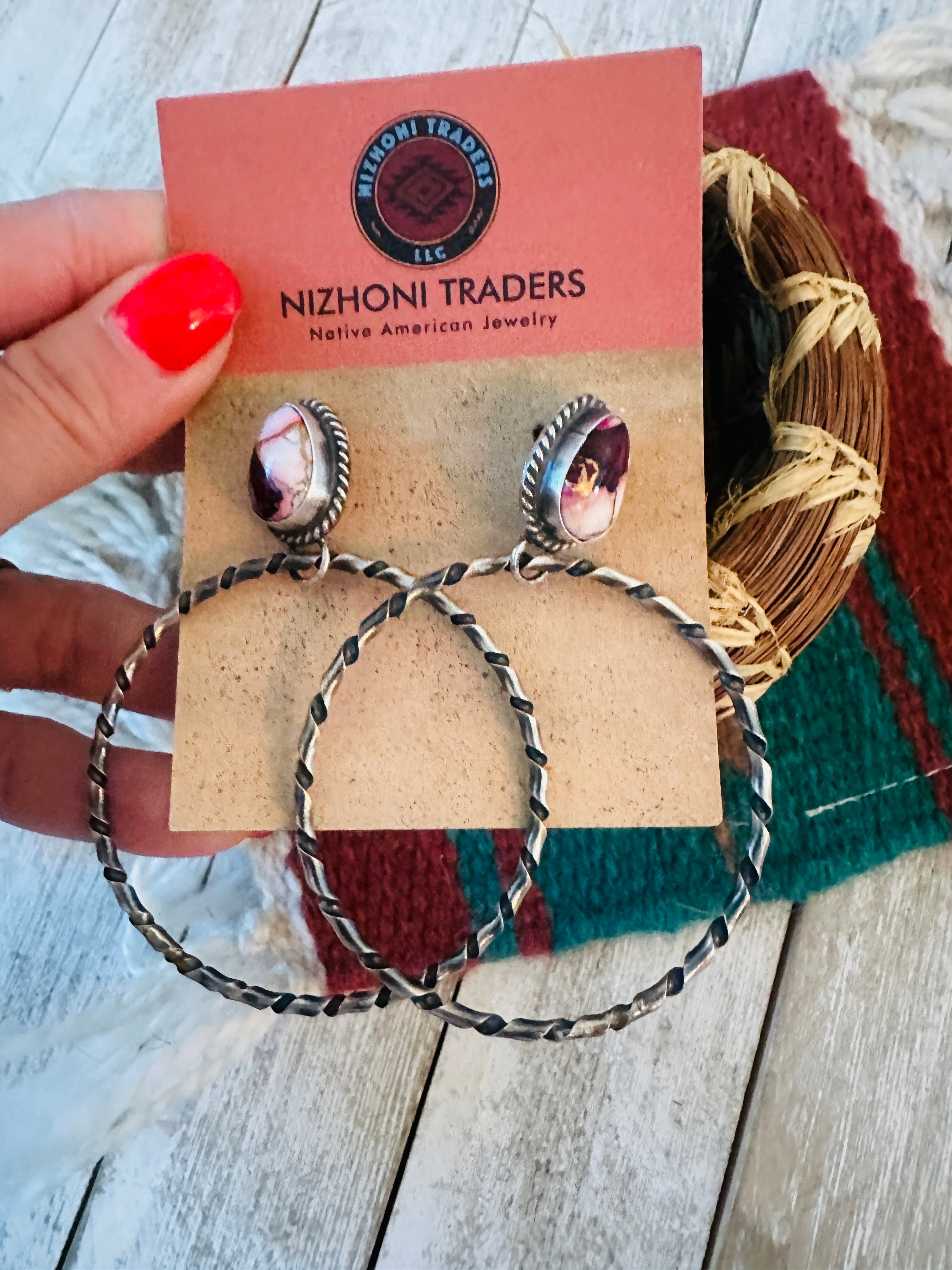 Navajo Rose Dahlia and Sterling Silver Dangle Hoop Earrings