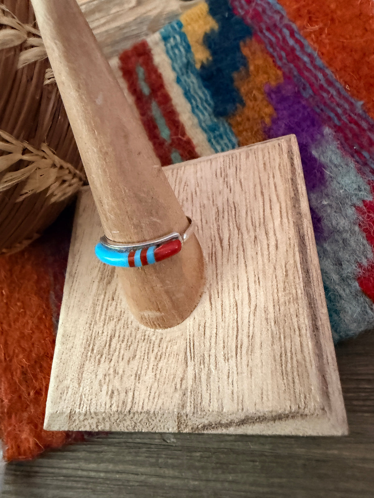 Old Pawn Handcrafted Turquoise, Coral & Sterling Silver Inlay Band Ring Size 9