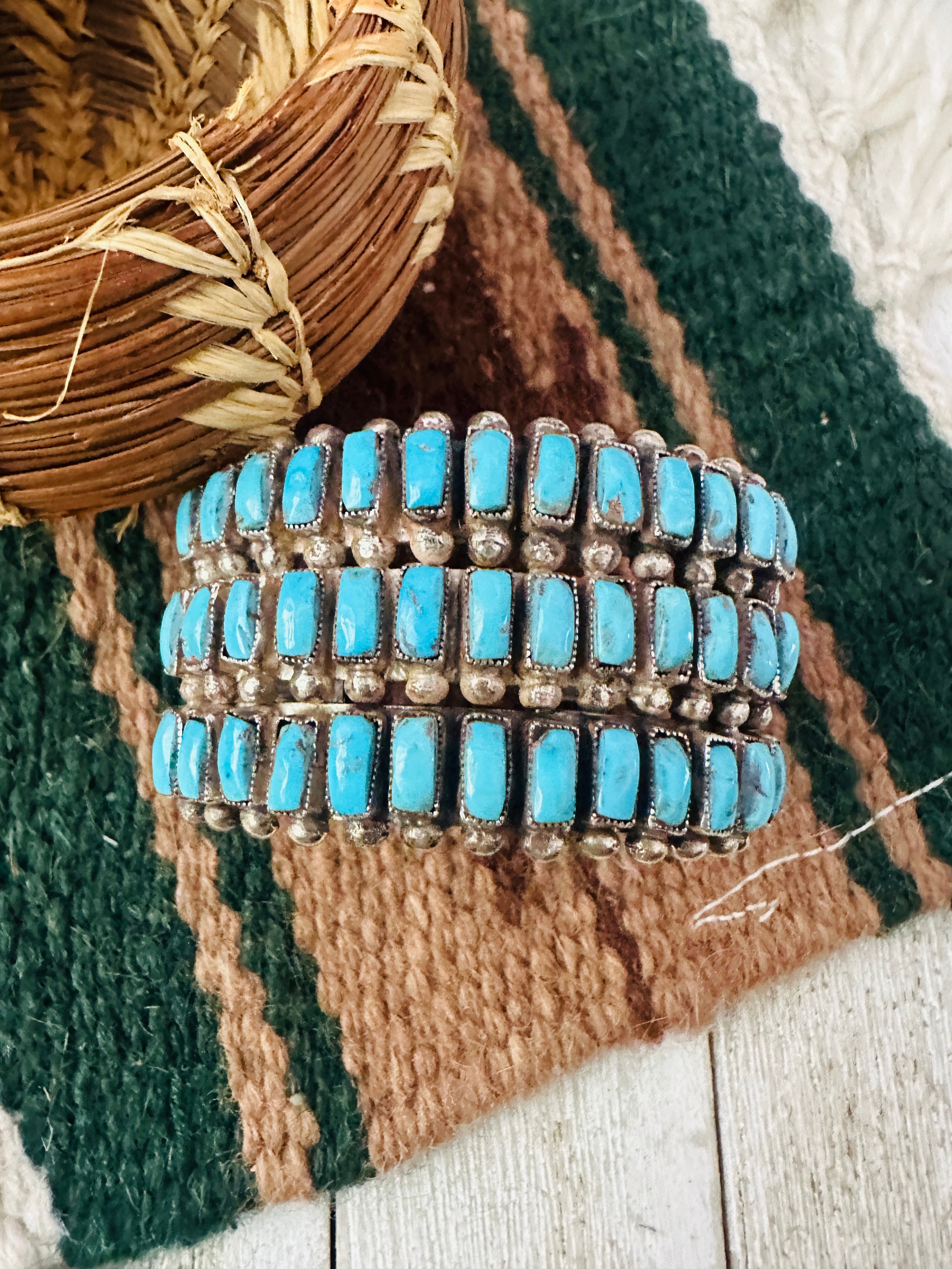 Handcrafted Old Pawn Turquoise & Sterling Silver Cluster Cuff Bracelet