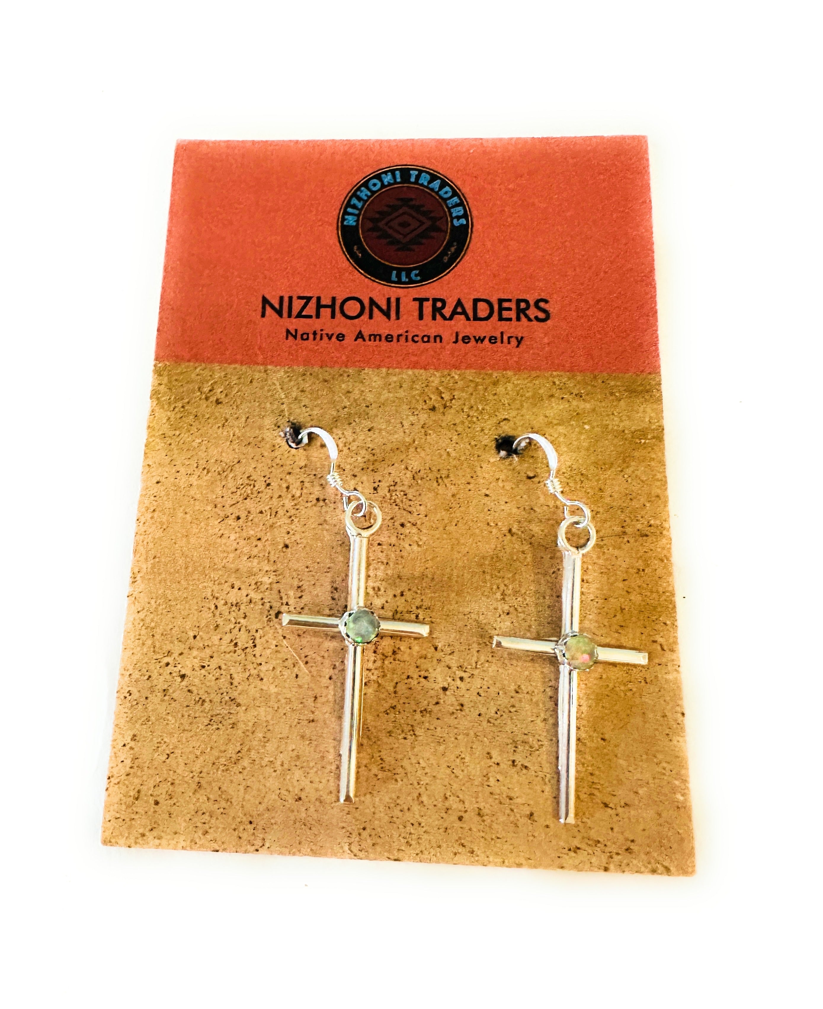 Navajo Sterling Silver & White Opal Cross Dangle Earrings