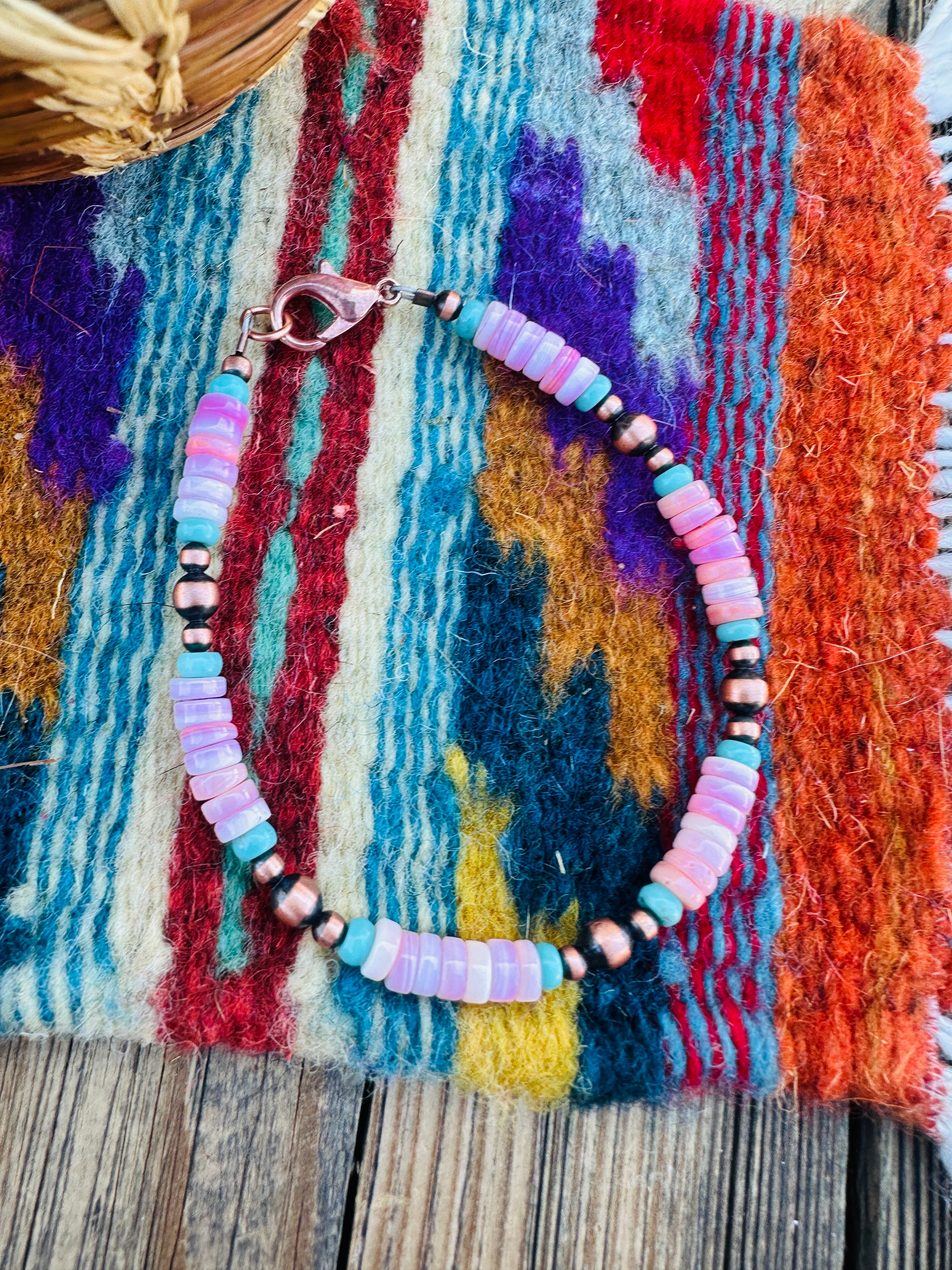 Handcrafted Queen Pink Conch, Turquoise & Copper Beaded Bracelet