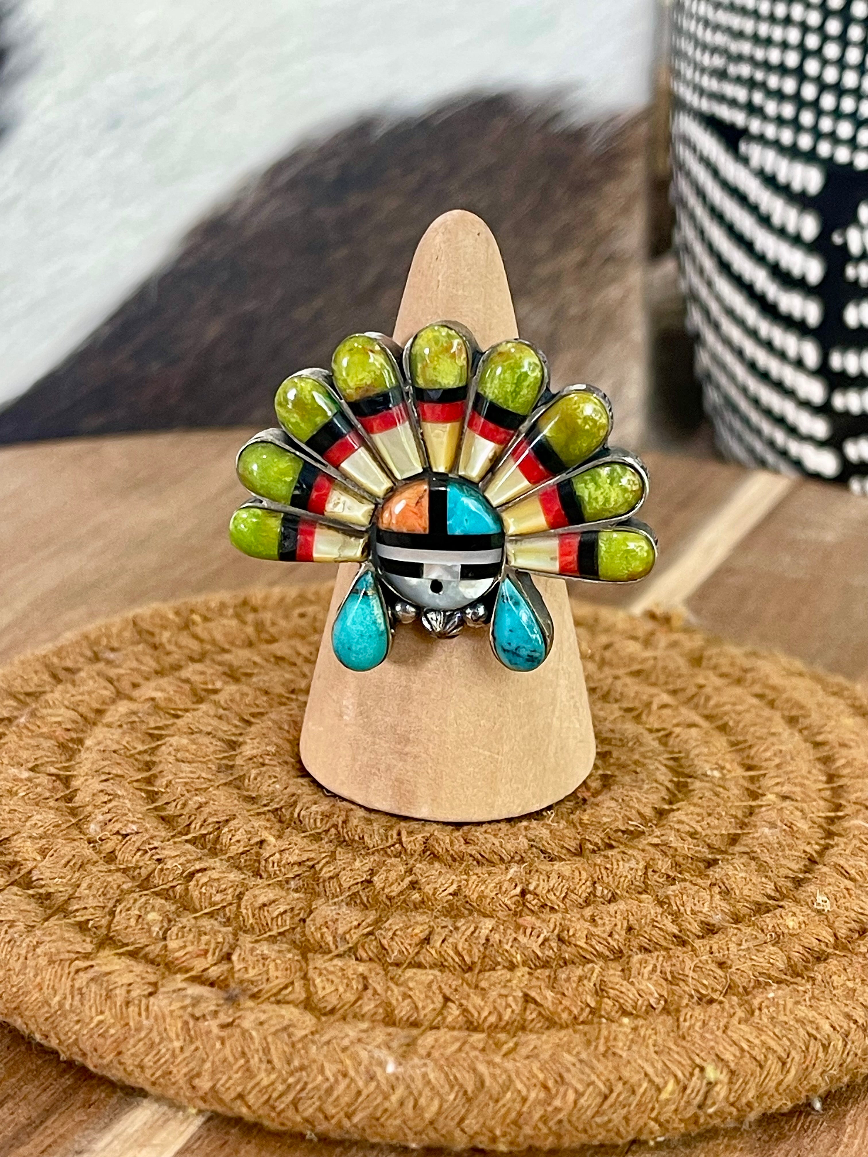 Handmade Sterling Silver & Multi Stone Sunface Adjustable Ring