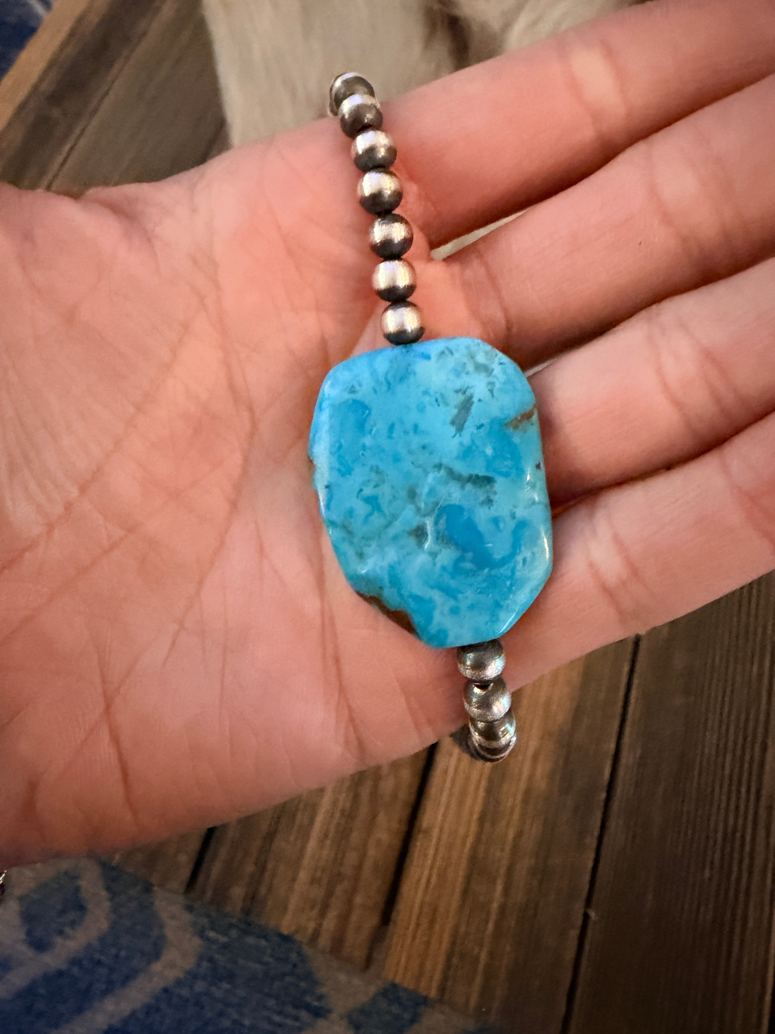 Handcrafted Kingman Turquoise & Sterling Silver Pearl 18” Beaded Necklace