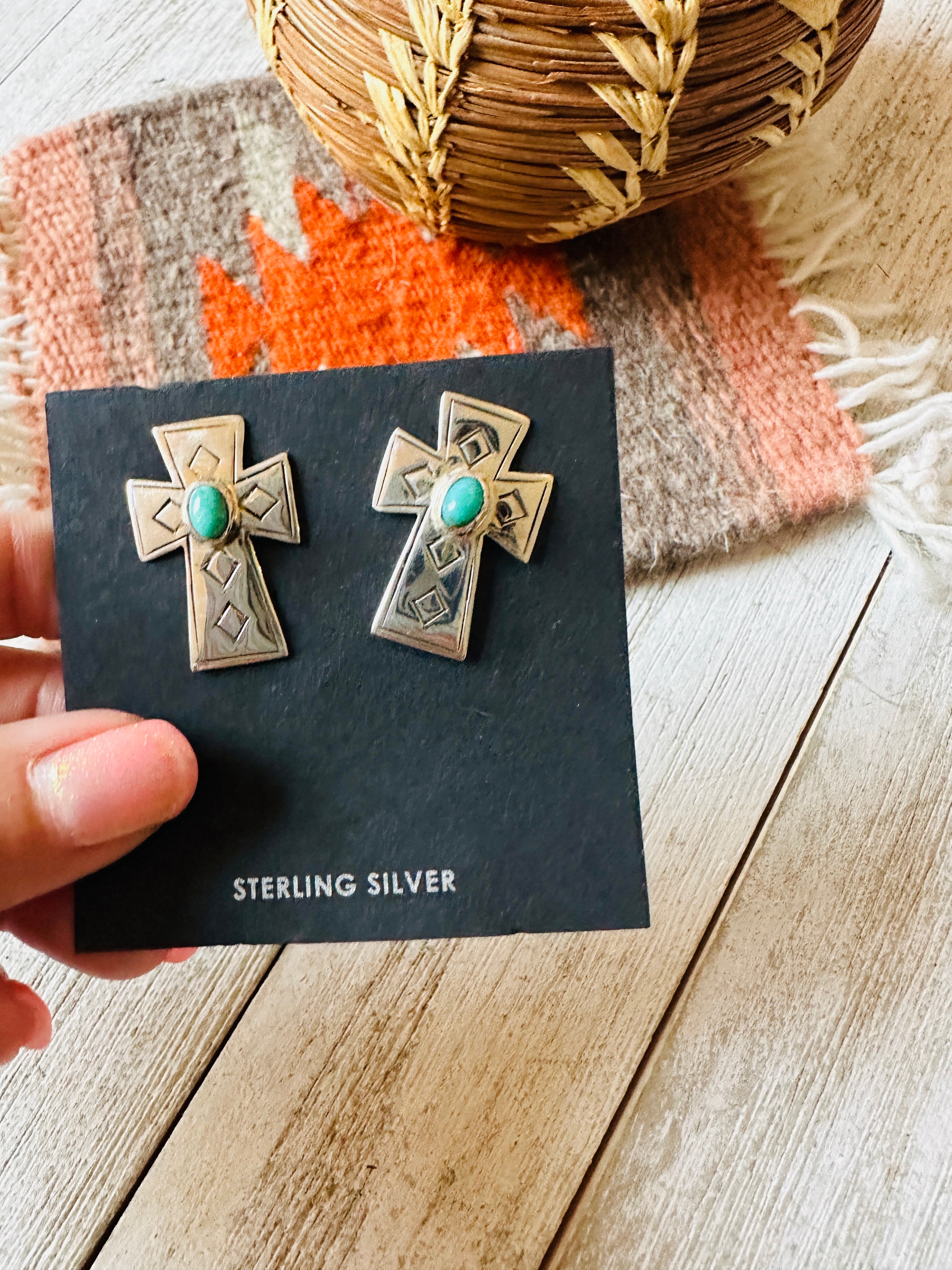 Navajo Sterling Silver & Turquoise Cross Post Earrings