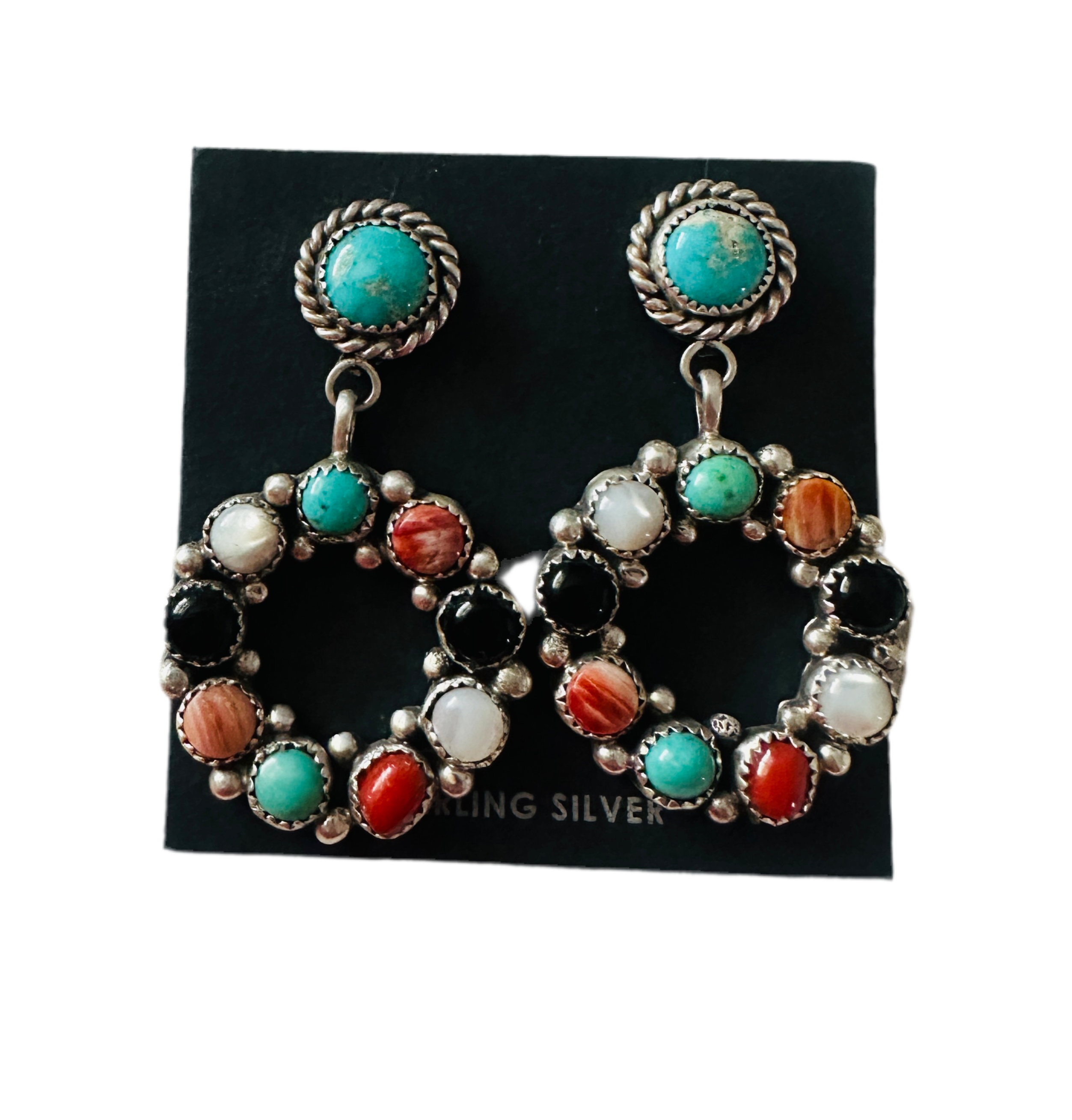 Navajo Sterling Silver & Multi Stone Dangle Earrings