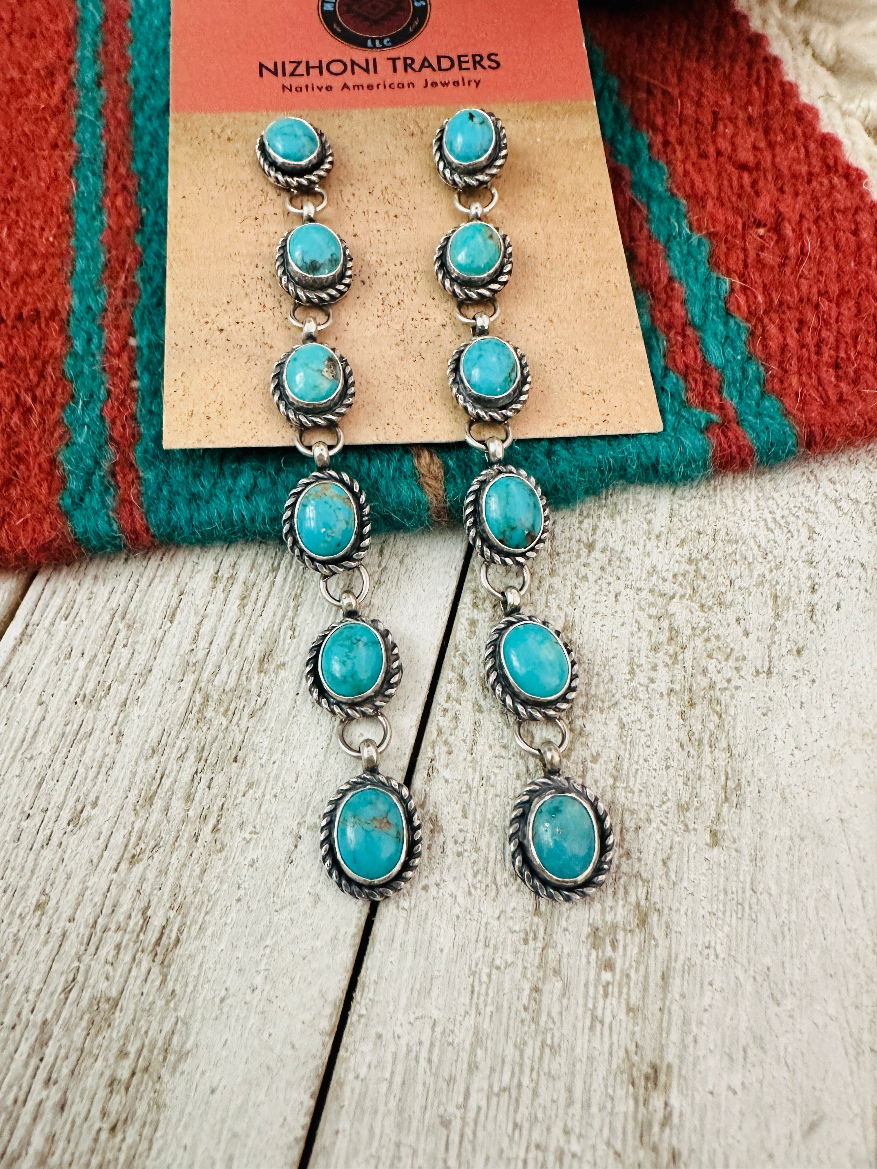 Navajo Turquoise And Sterling Silver Drop Dangle Earrings