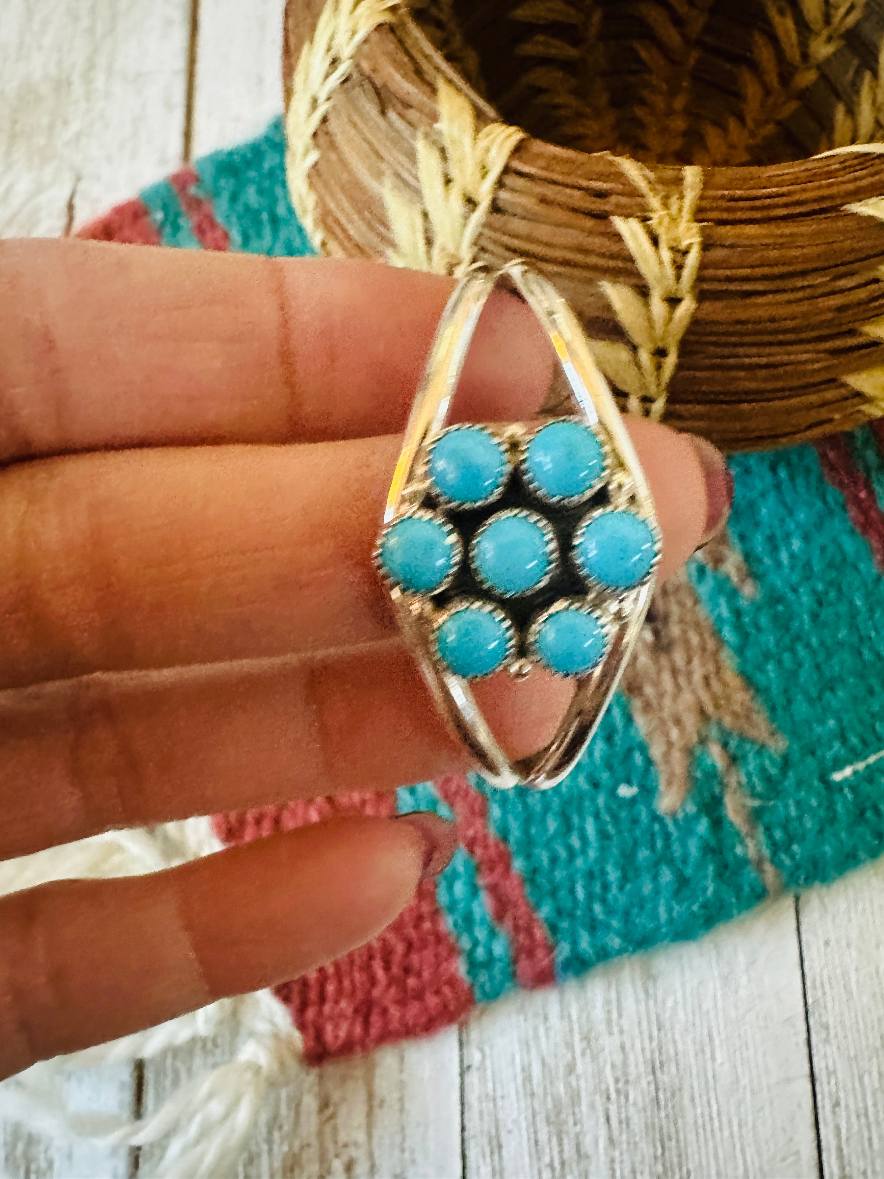 Navajo Sterling Silver & Turquoise Baby Cluster Cuff Bracelet