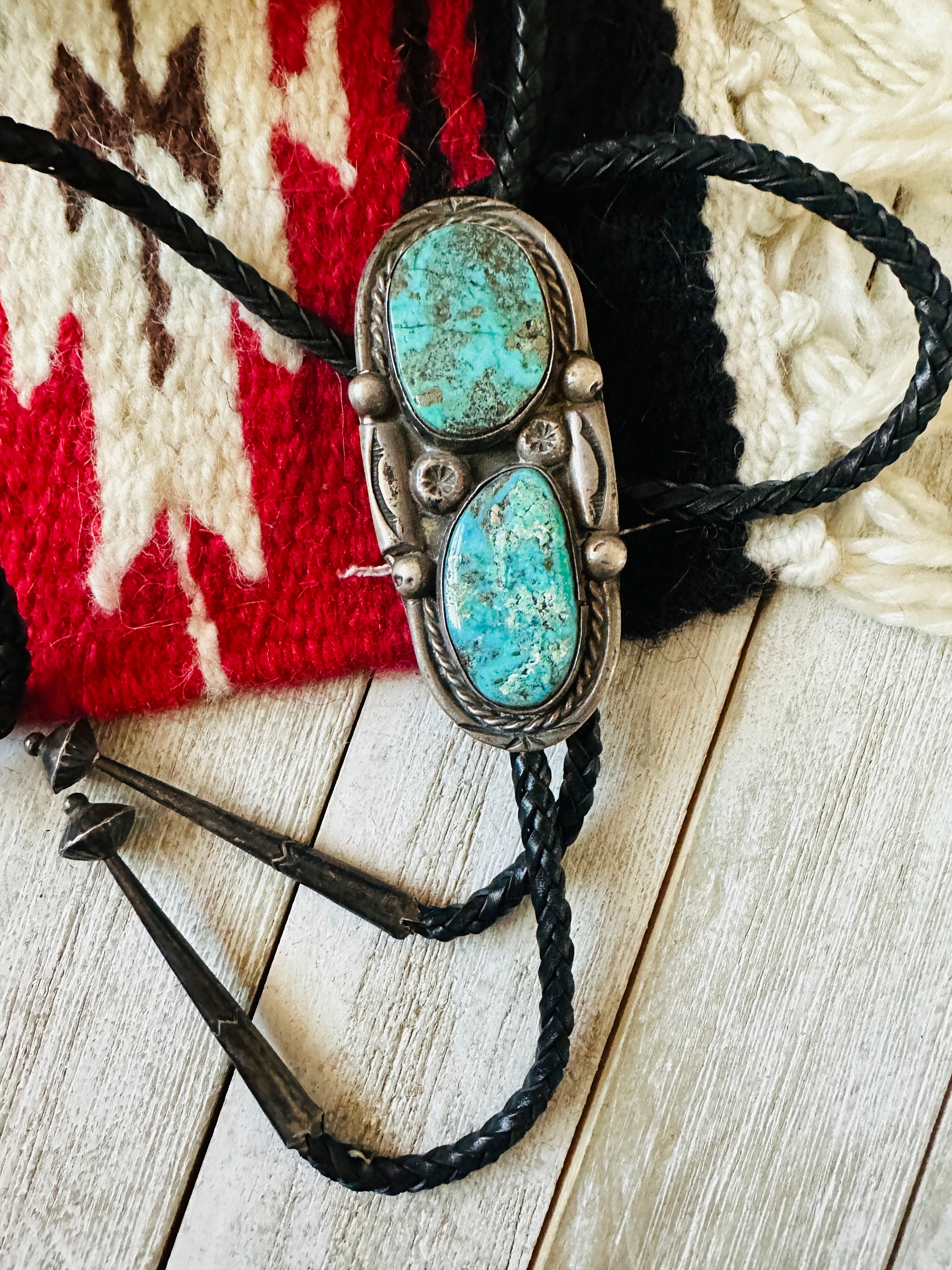 Vintage Old Pawn Navajo Sterling Silver & Turquoise Cluster Bolo Tie