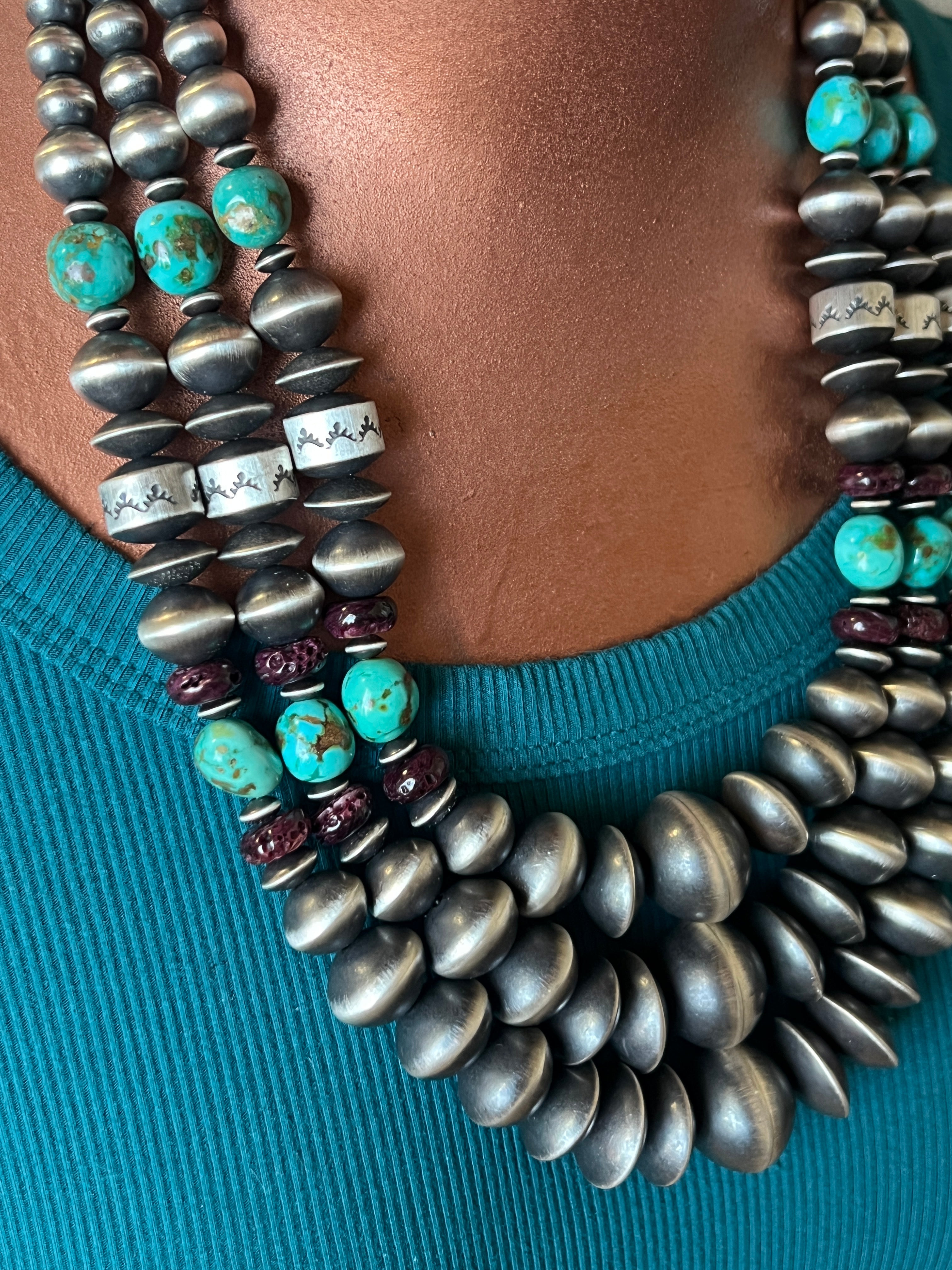 Rose Martin Handcrafted Triple Strand Sterling Silver, Purple Spiny Oyster and Kingman Turquoise Bead Necklace