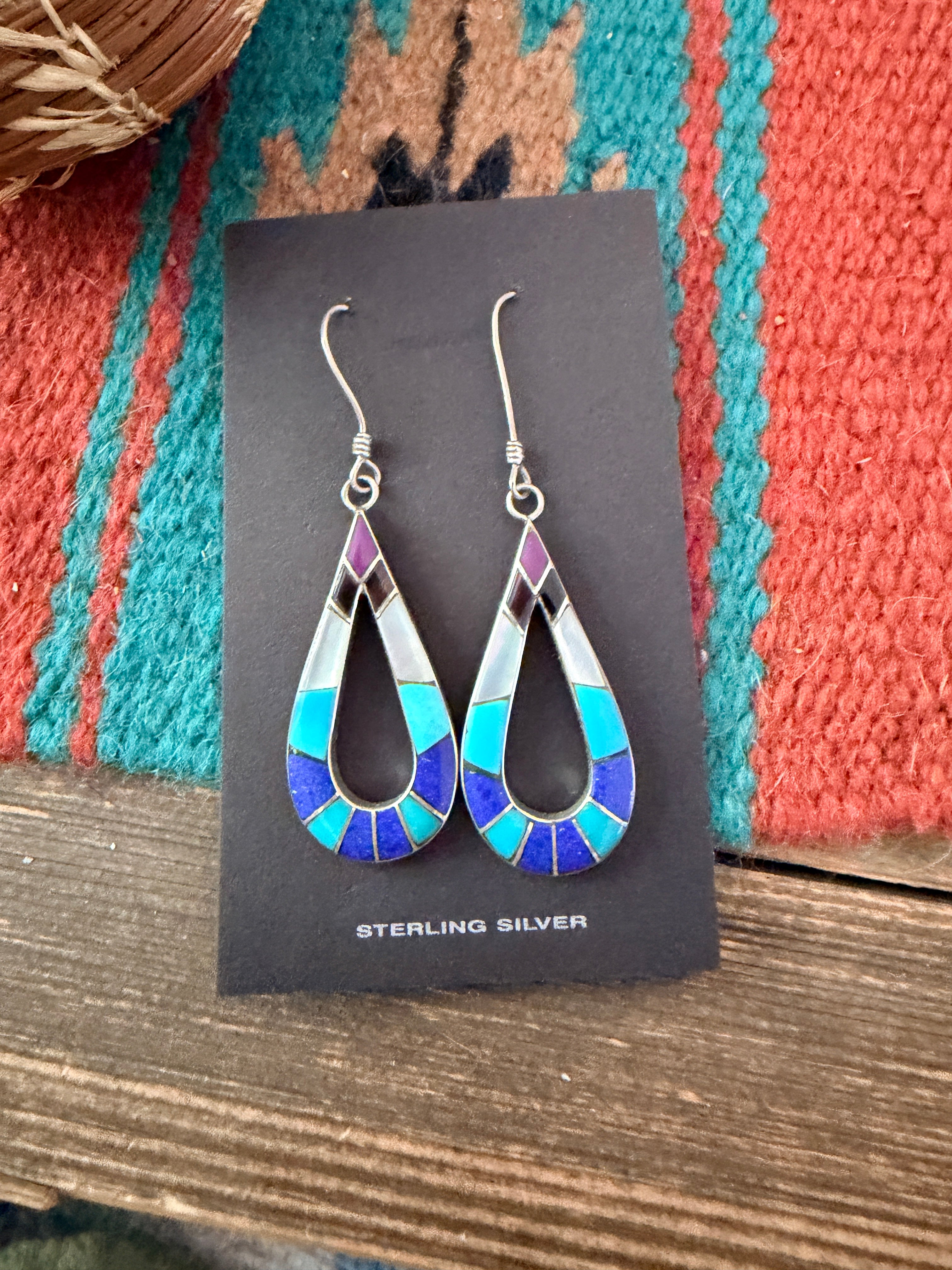 Old Pawn Handcrafted Sterling Silver & Multi Stone Inlay Dangle Earrings