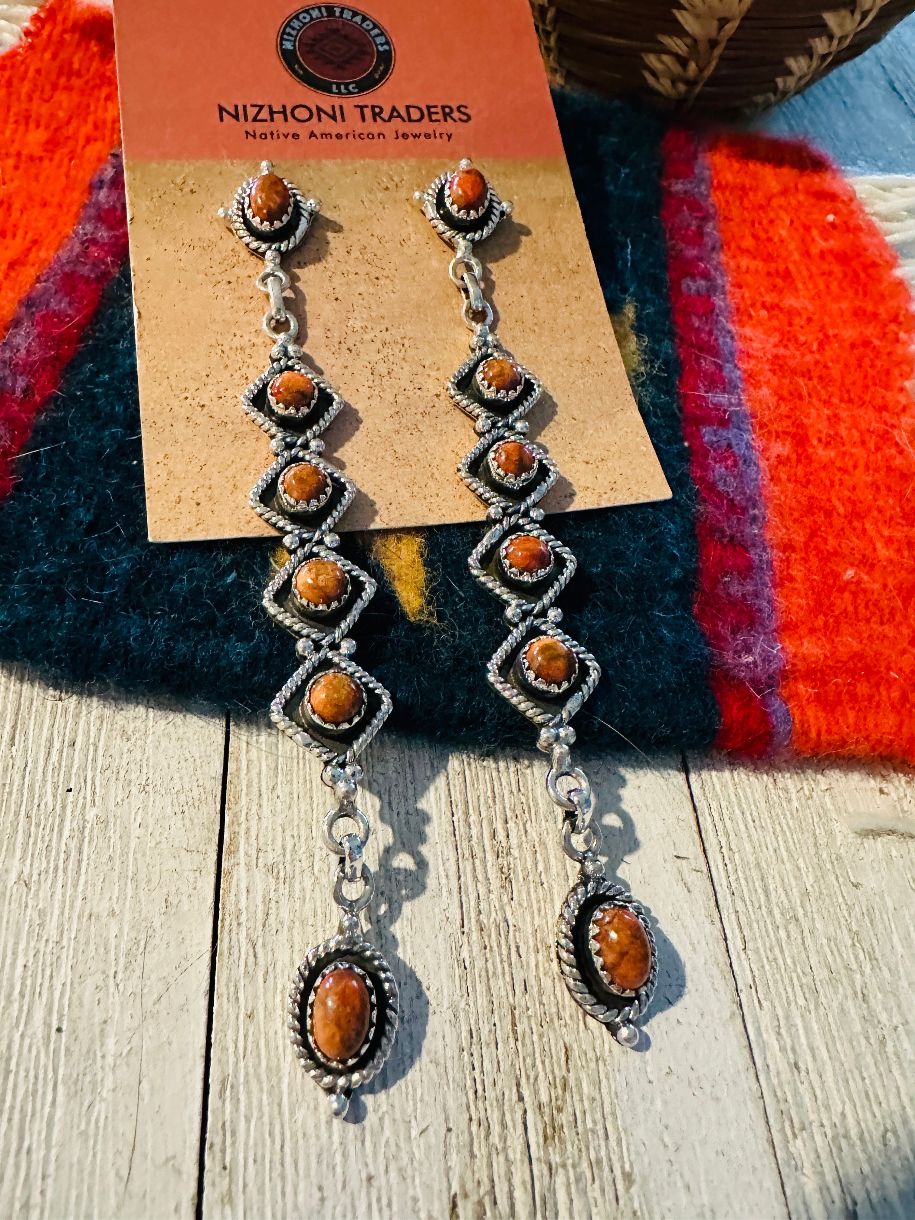 Handmade Orange Spiny & Sterling Silver Dangle Earrings Signed Nizhoni