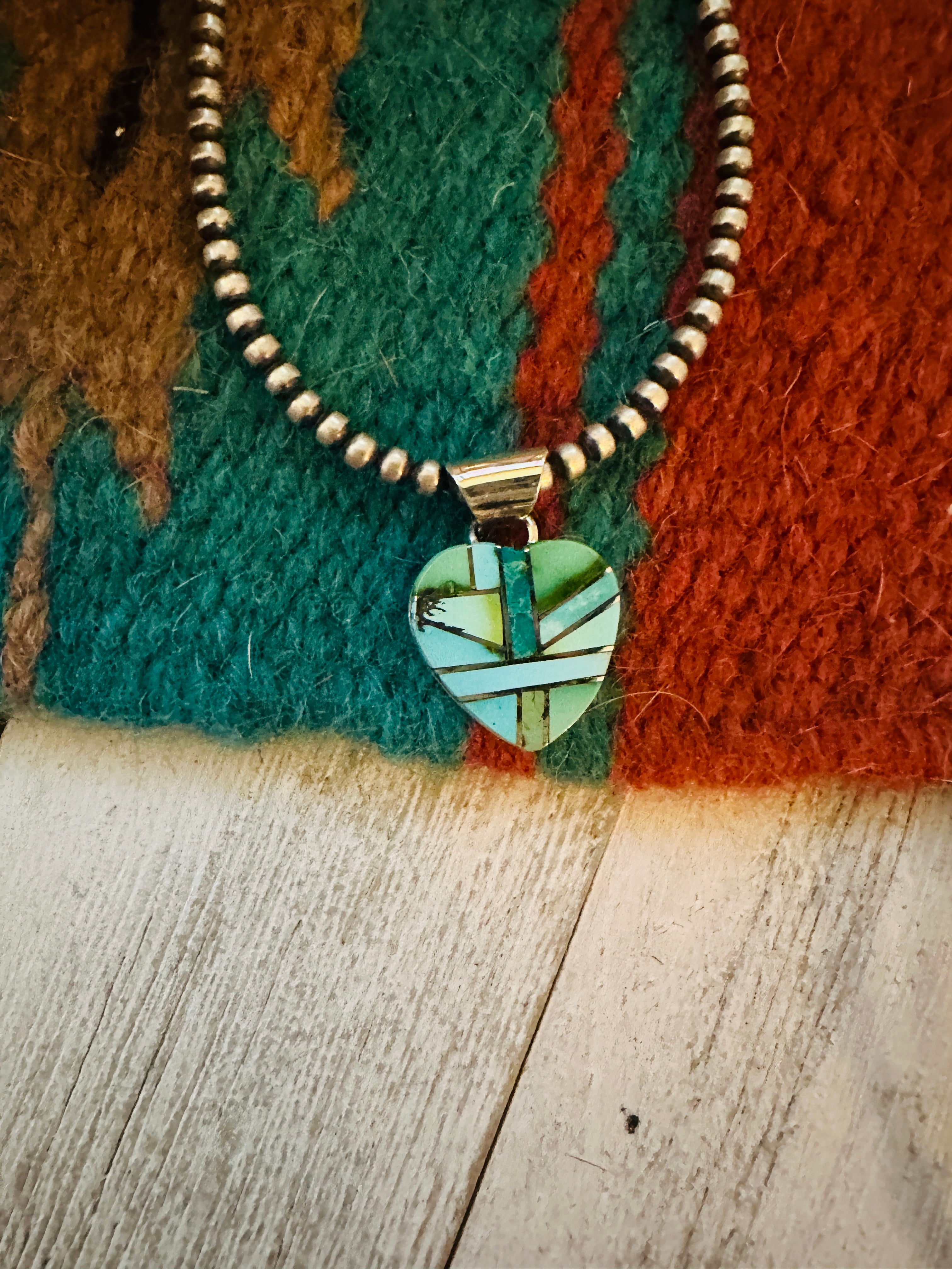 Navajo Turquoise & Sterling Silver Inlay Heart Pendant