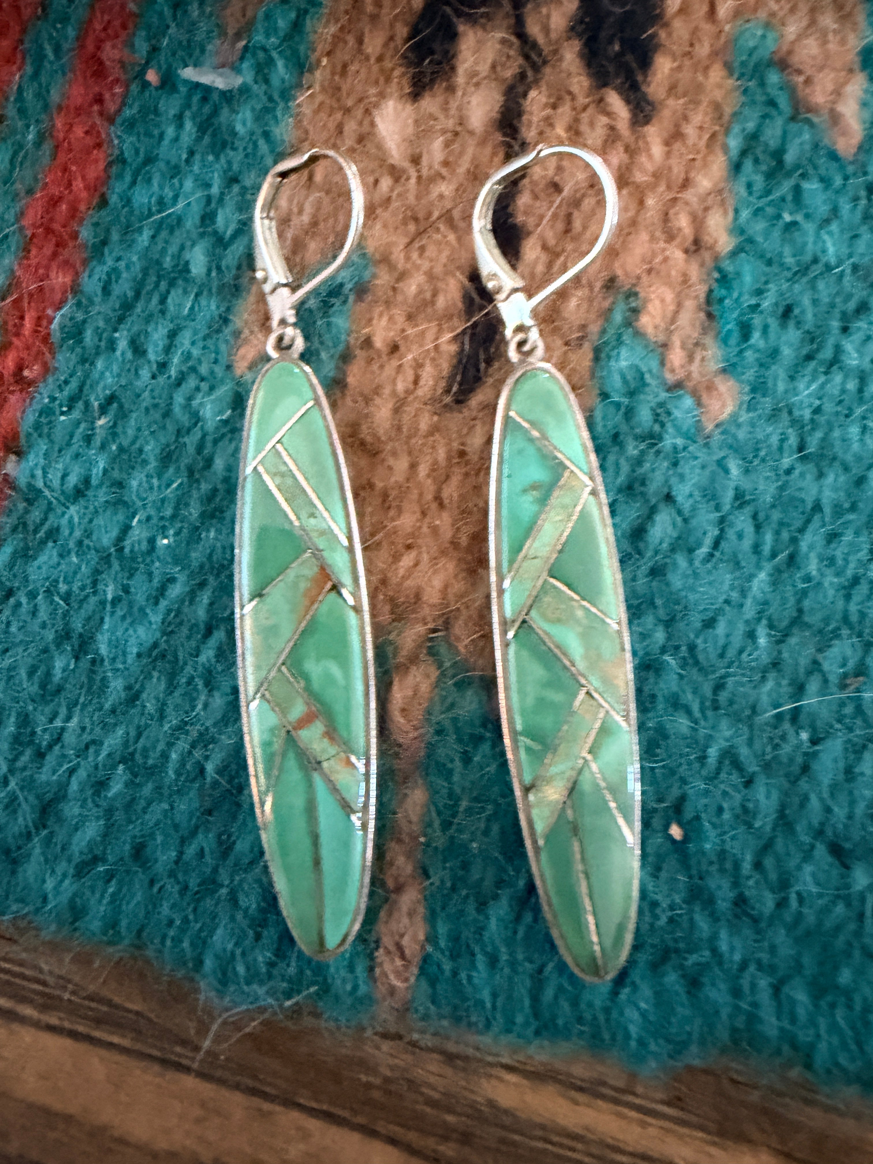 Old Pawn Handcrafted Sterling Silver & Turquoise Inlay Dangle Earrings