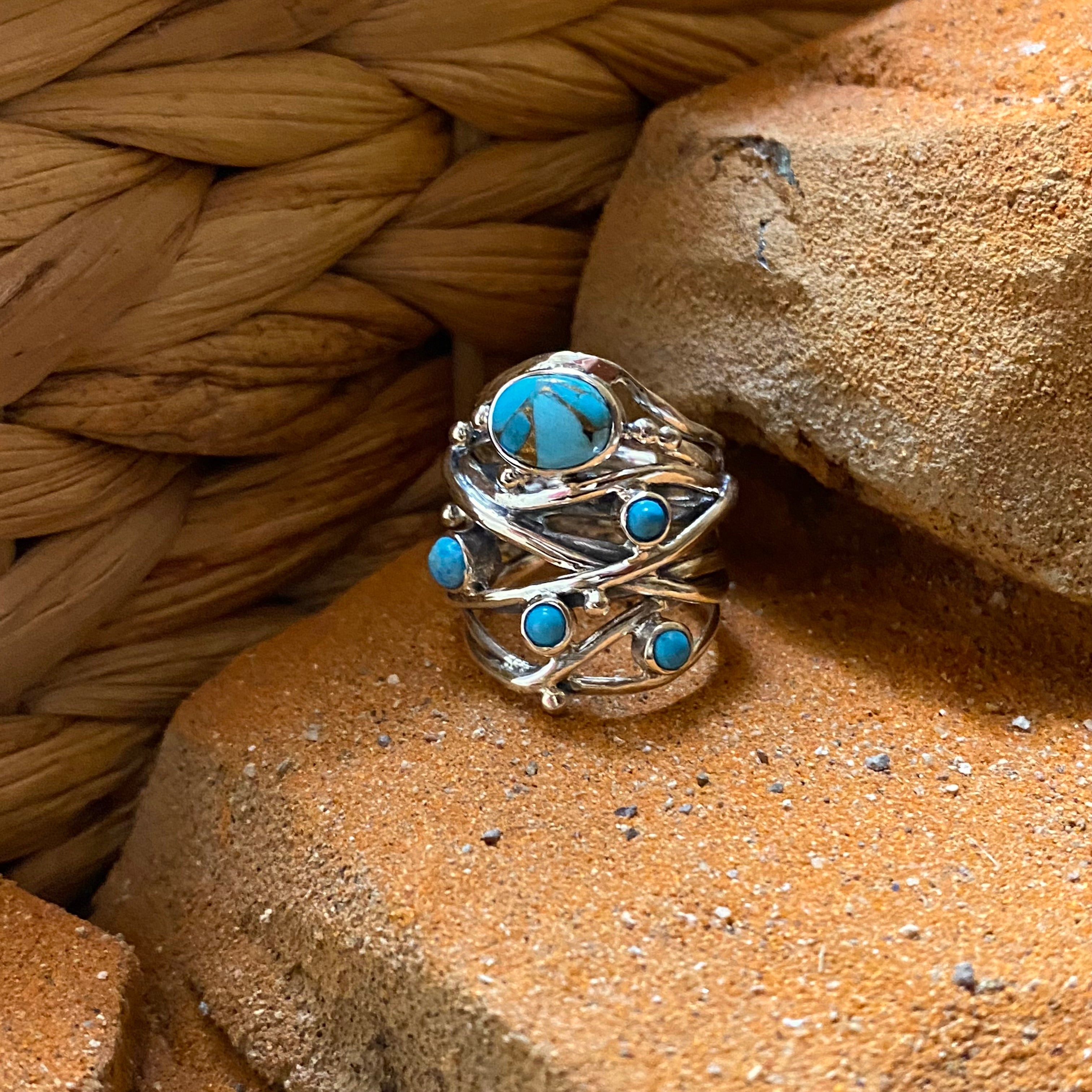 Sterling Silver Five Stone Copper Turquoise Strand Ring Size 8