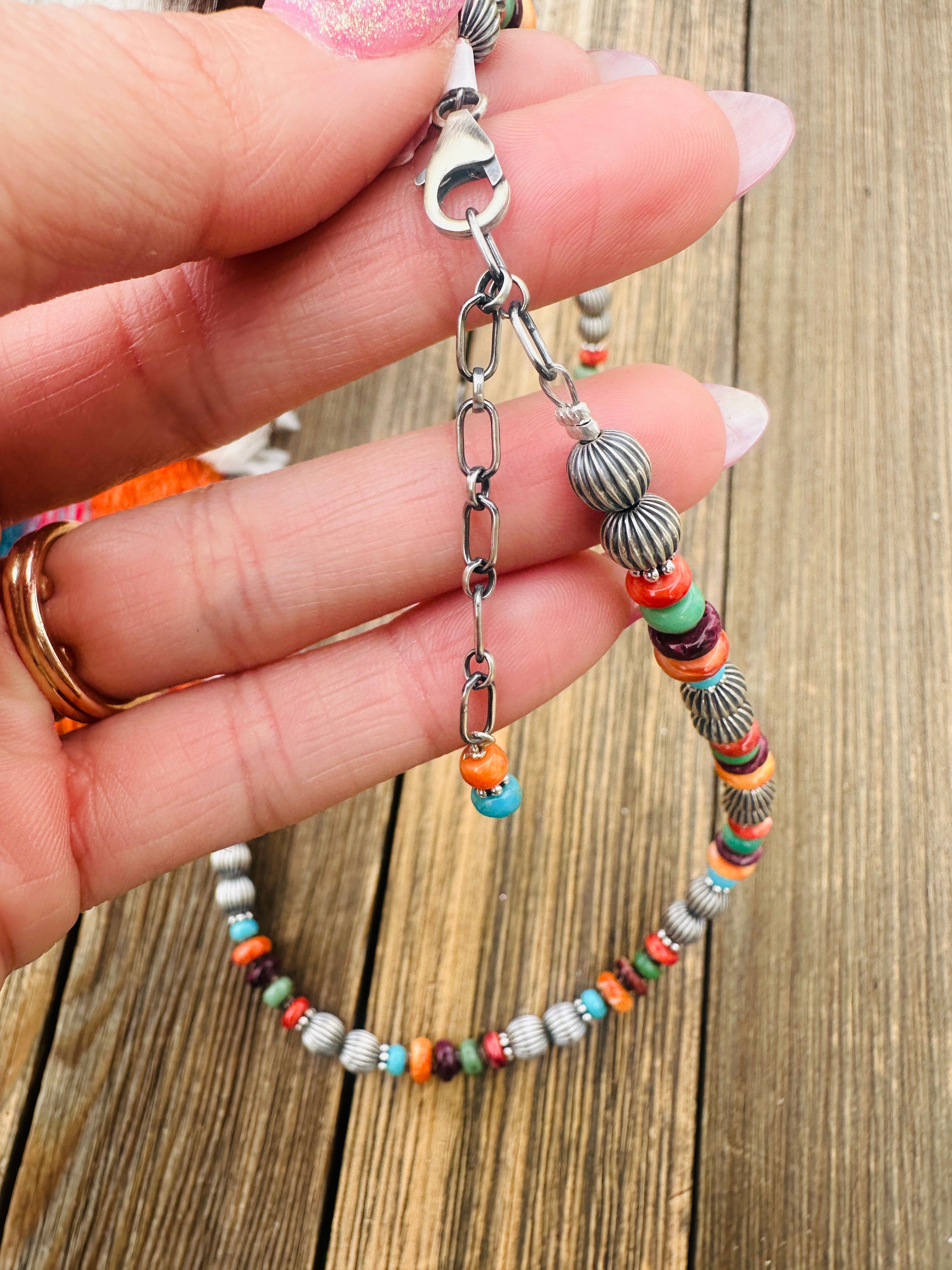 Handcrafted Multi Stone & Sterling Silver 16” Beaded Necklace