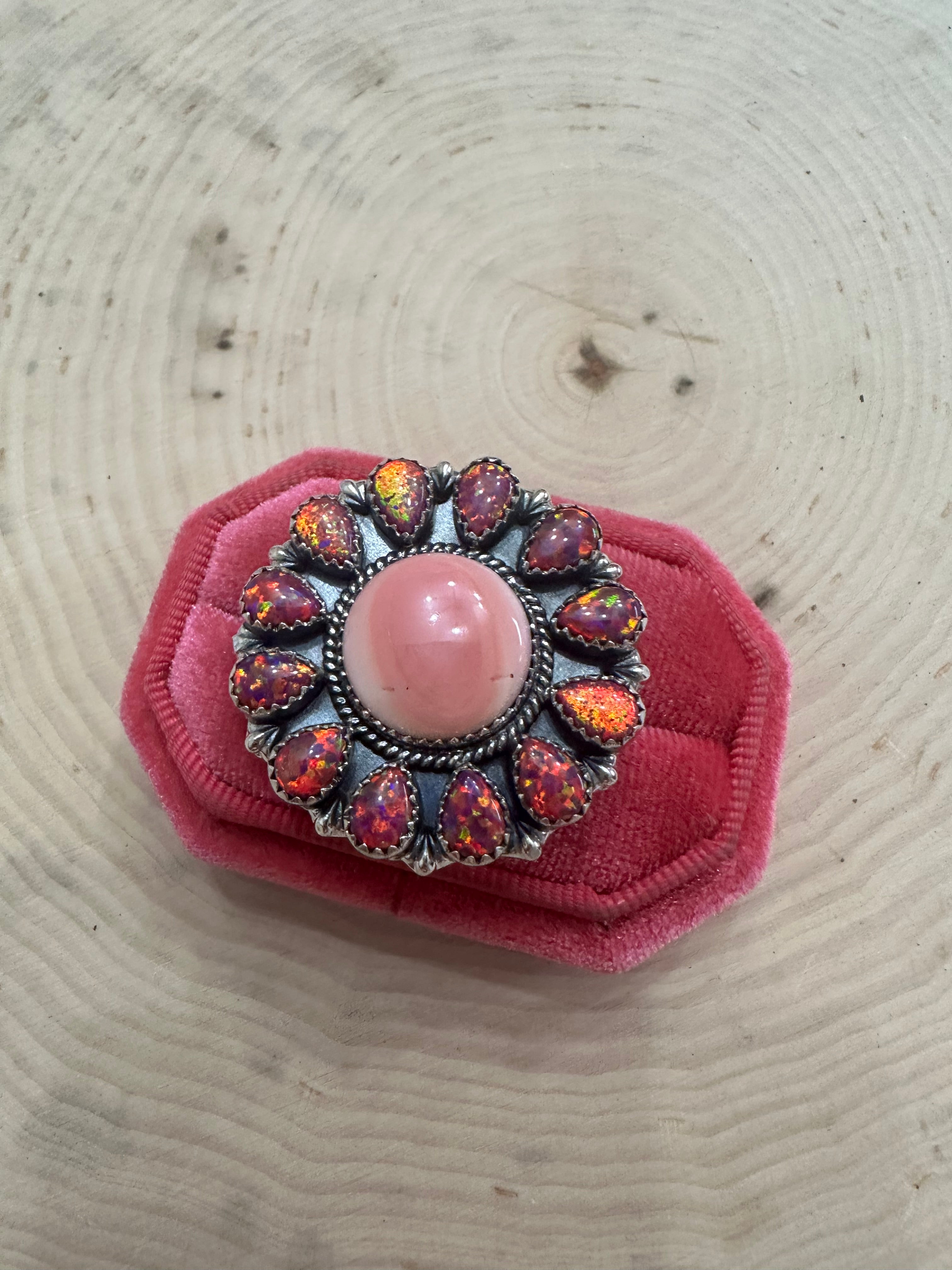 Handmade Pink Conch, Dark Pink Fire Opal And Sterling Silver Adjustable Ring Signed Nizhoni