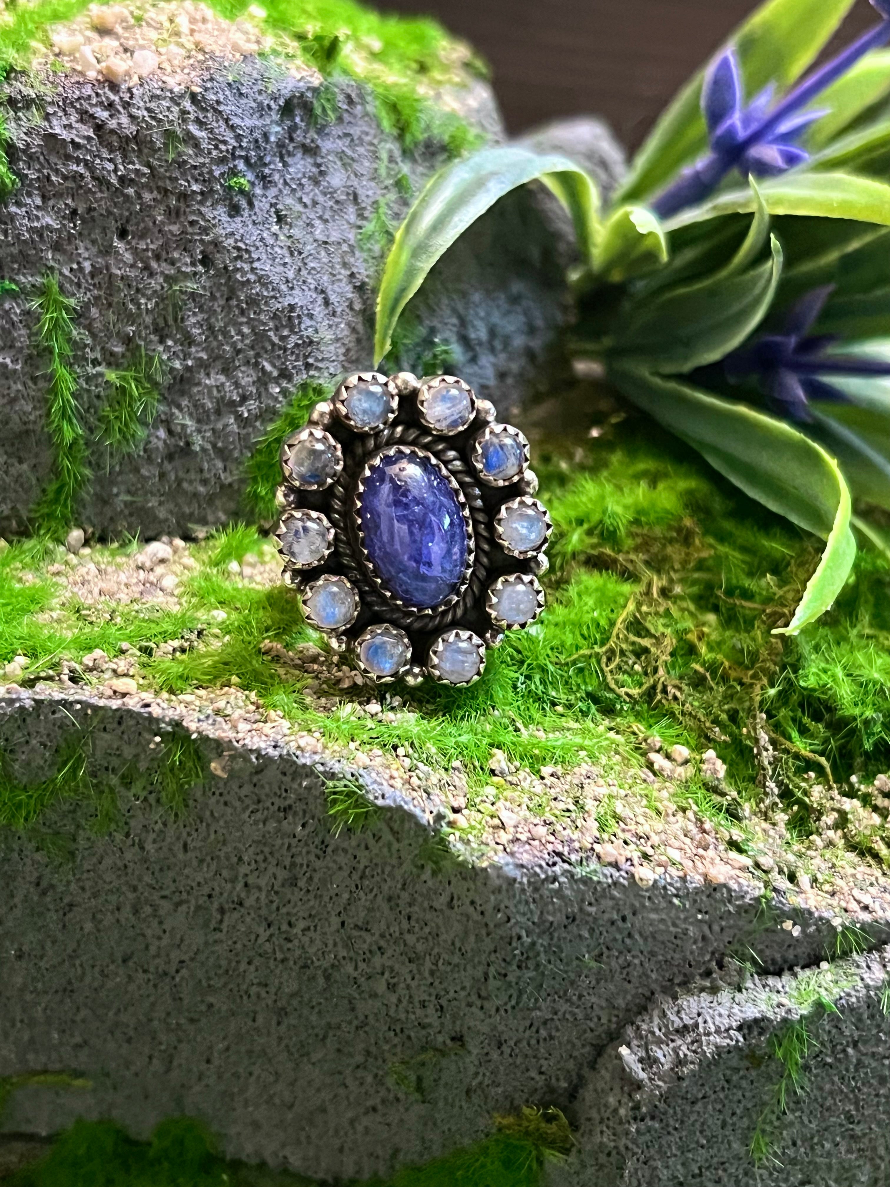 Handmade Oval Shaped Moonstone Cluster Sterling Silver Adjustable Ring