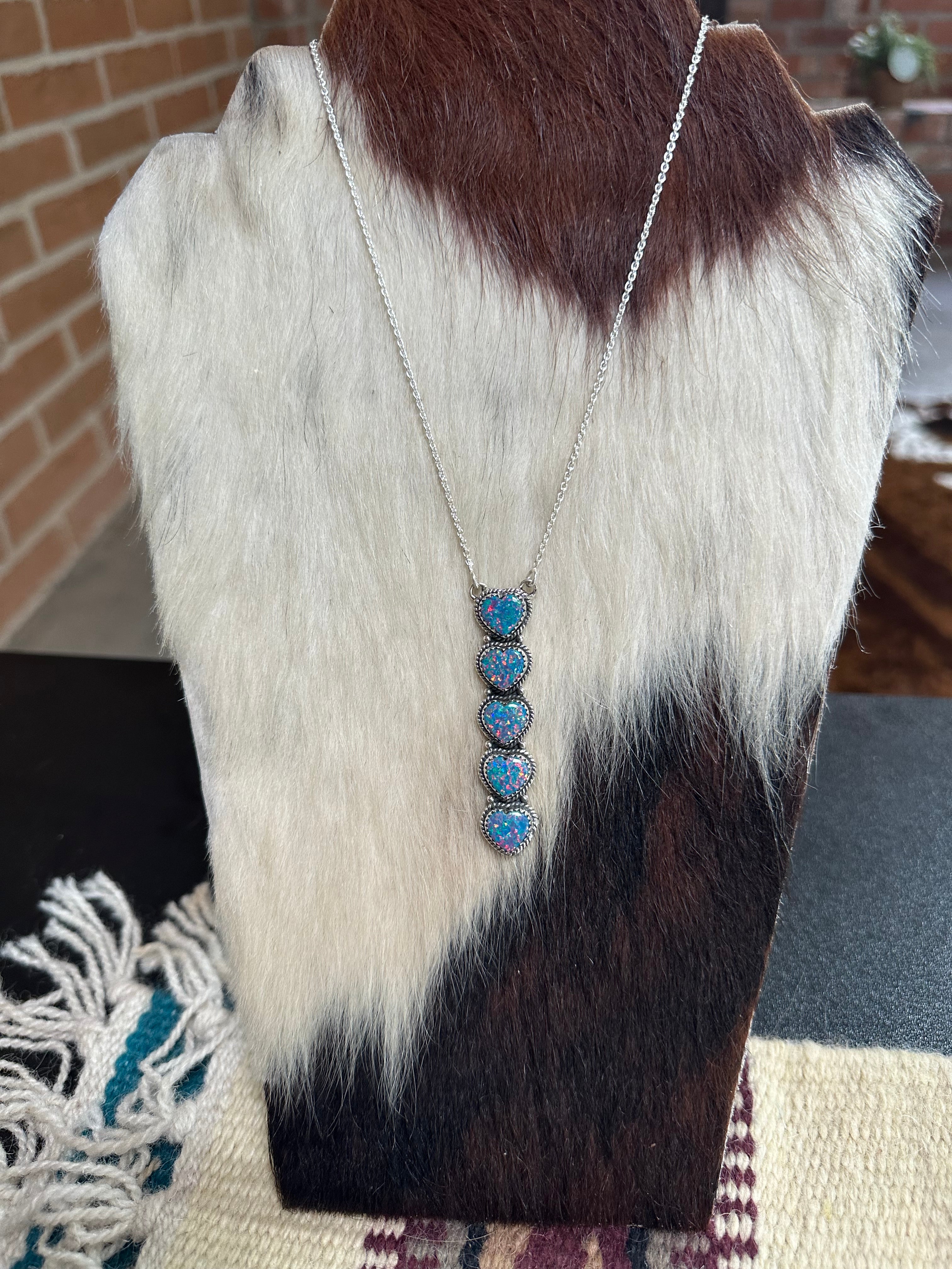 Handmade Blue Fire Opal & Sterling Silver Heart Drop Necklace