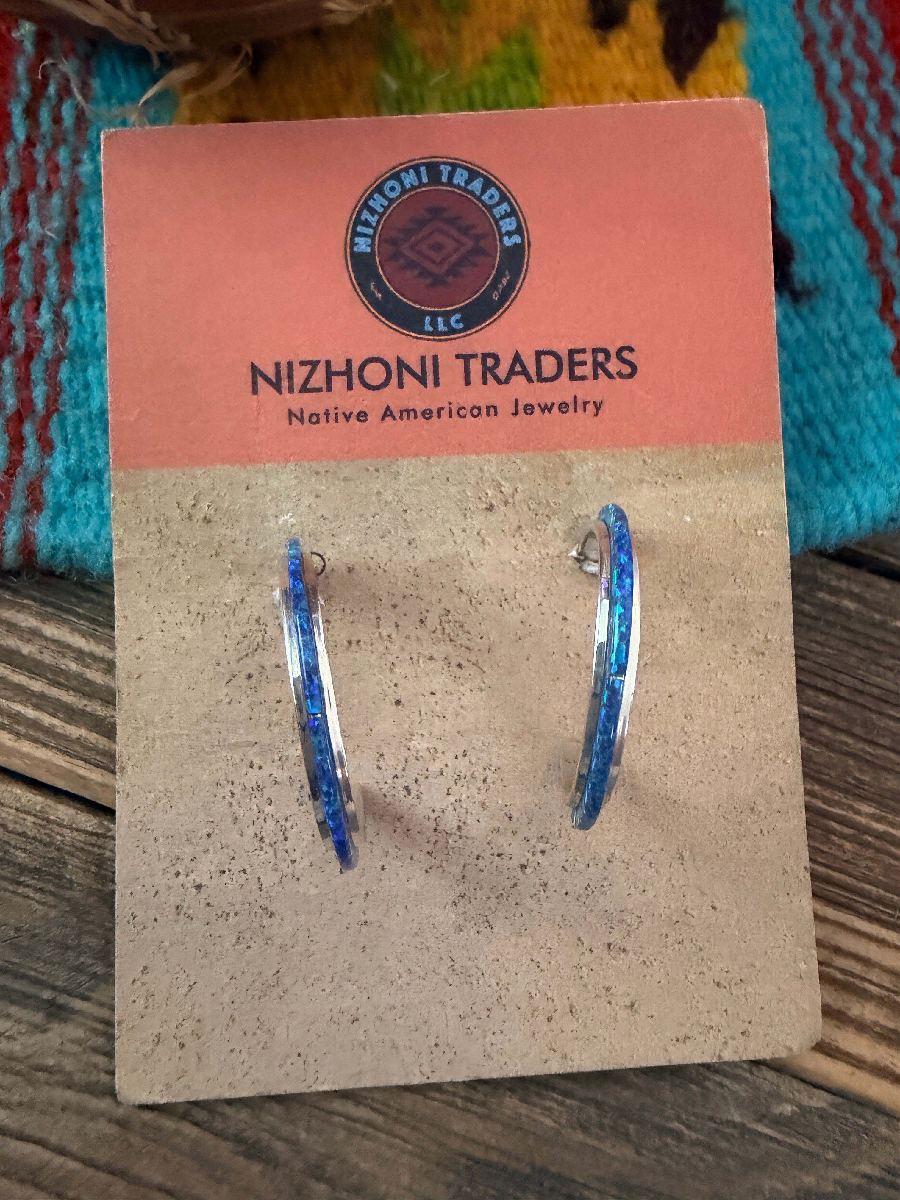Handcrafted Sterling Silver & Blue Opal Inlay Hoop Earrings