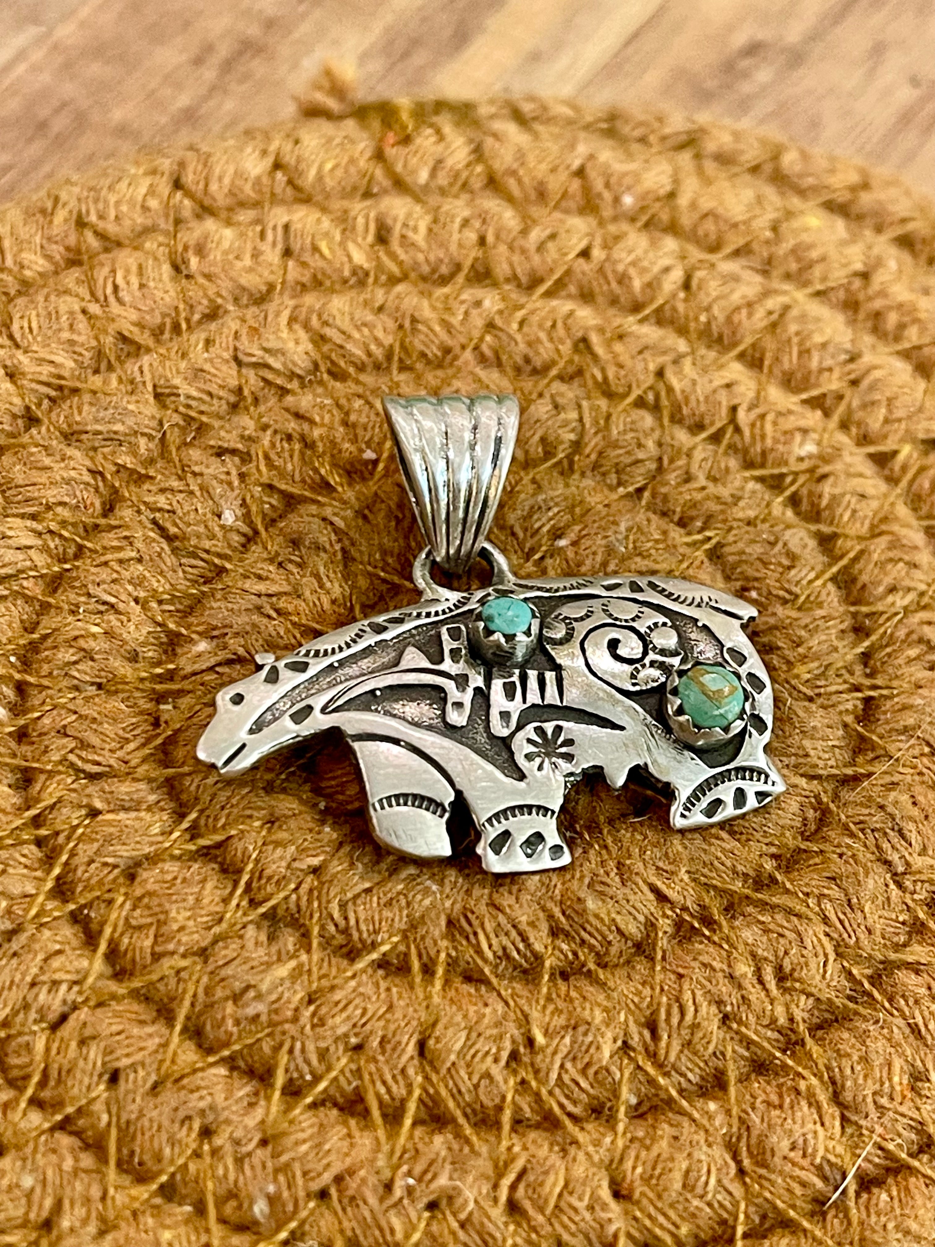 Handmade Sterling Silver & Turquoise Hand Stamped Bear Pendant with Signed Nizhoni