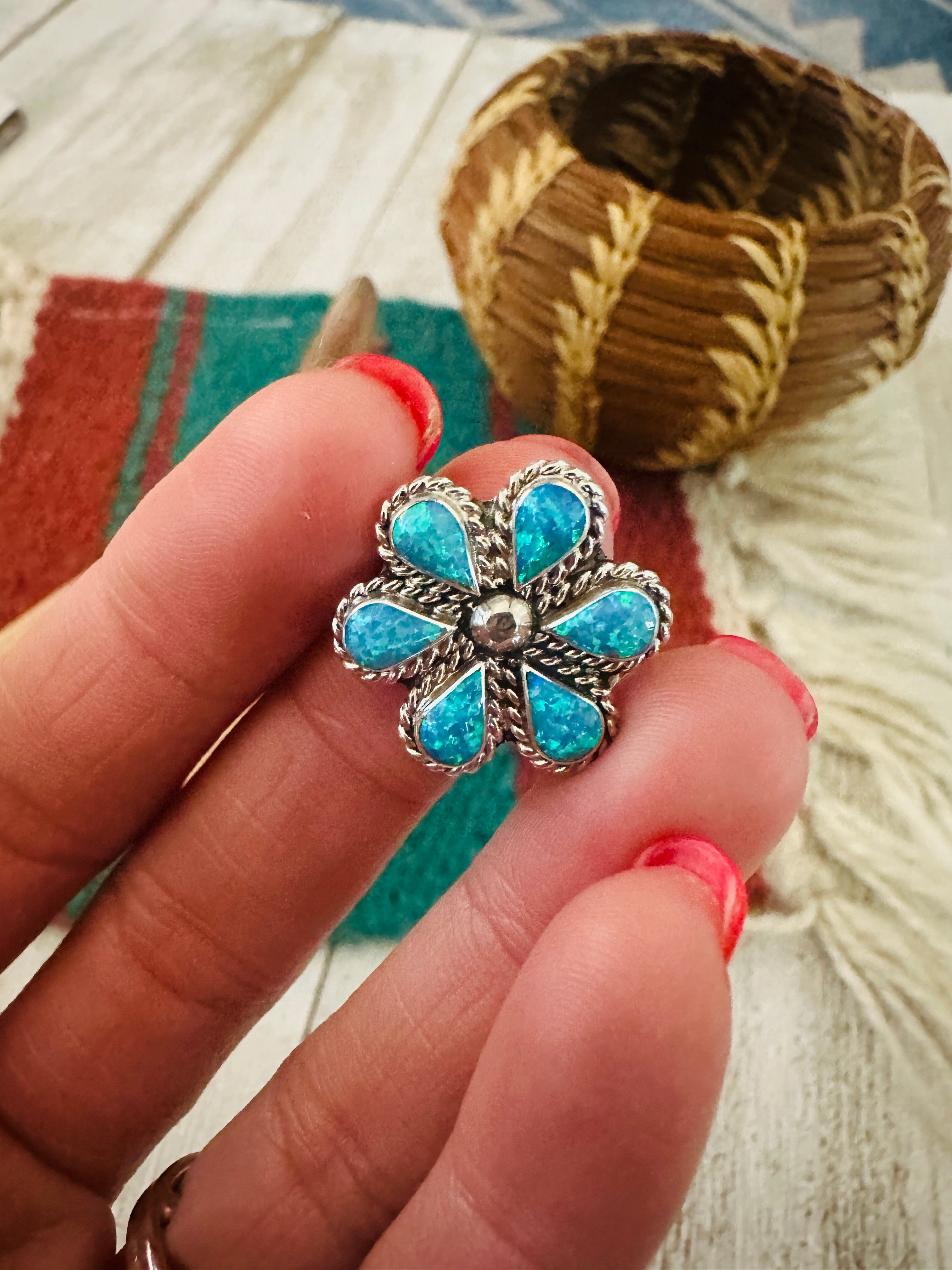 Zuni Sterling Silver & Blue Opal Flower Ring Size 7.5