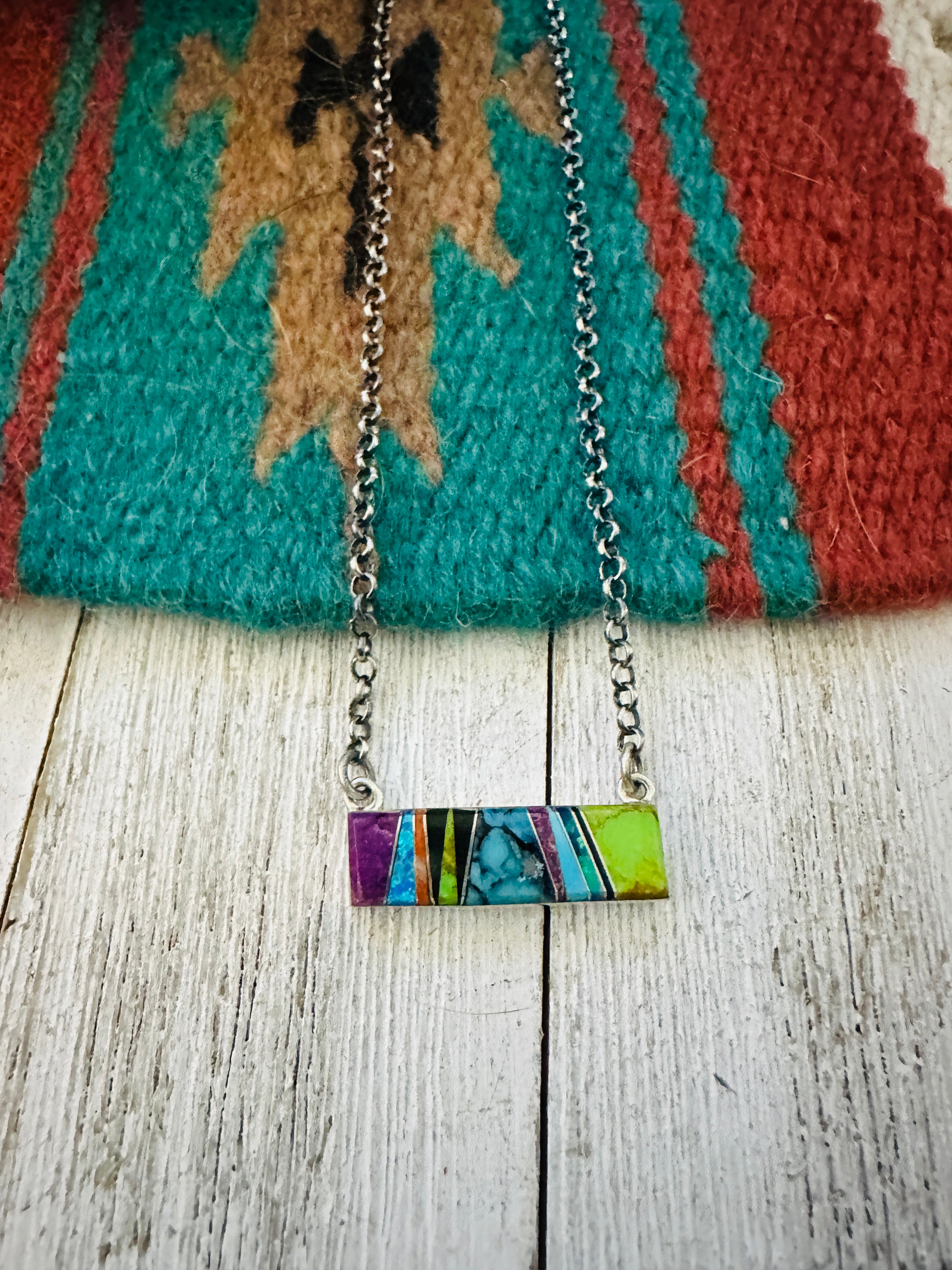 Navajo Multi Stone & Sterling Silver Inlay Bar Necklace