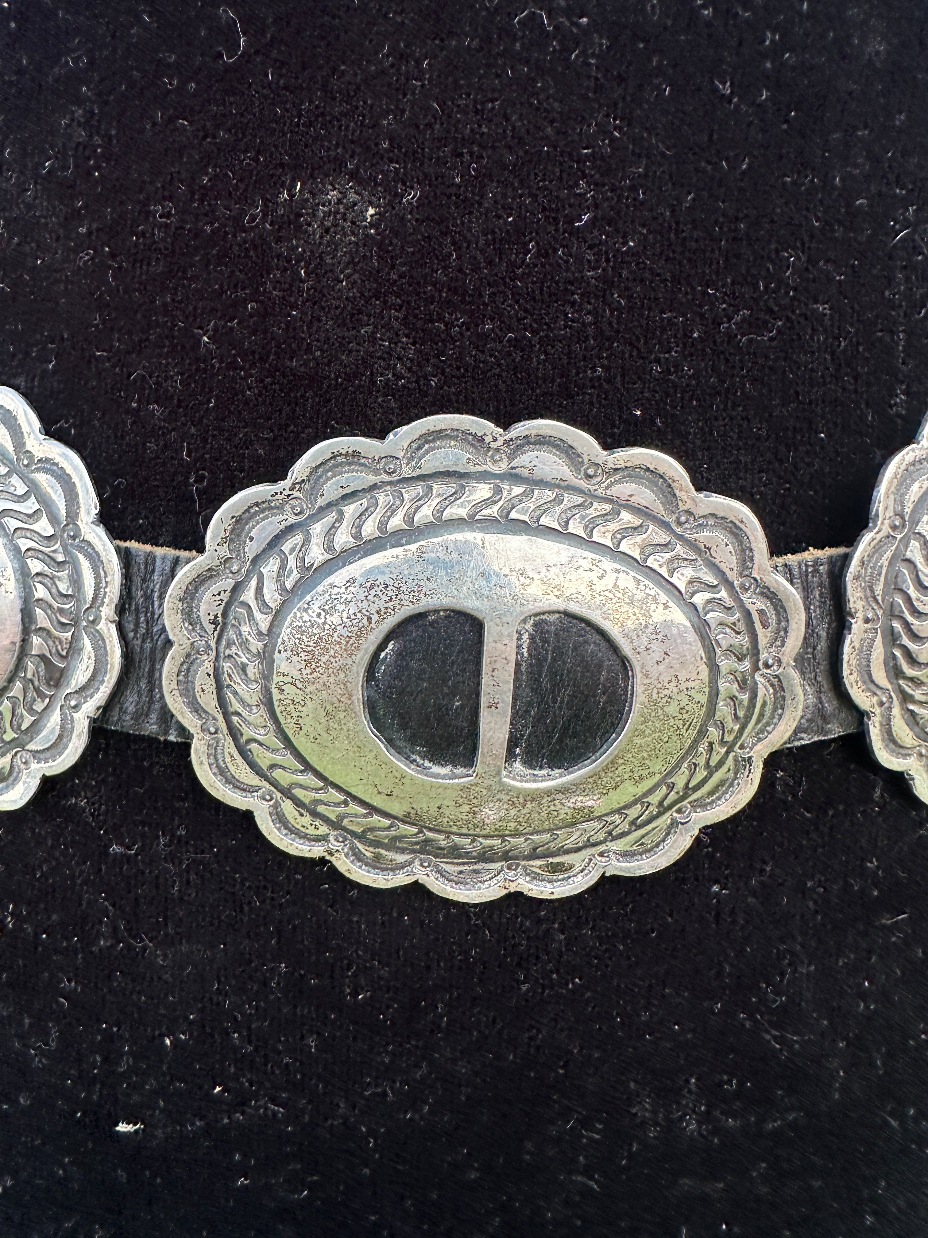 Handcrafted Vintage Old Pawn Black Leather Sterling Silver Concho Belt
