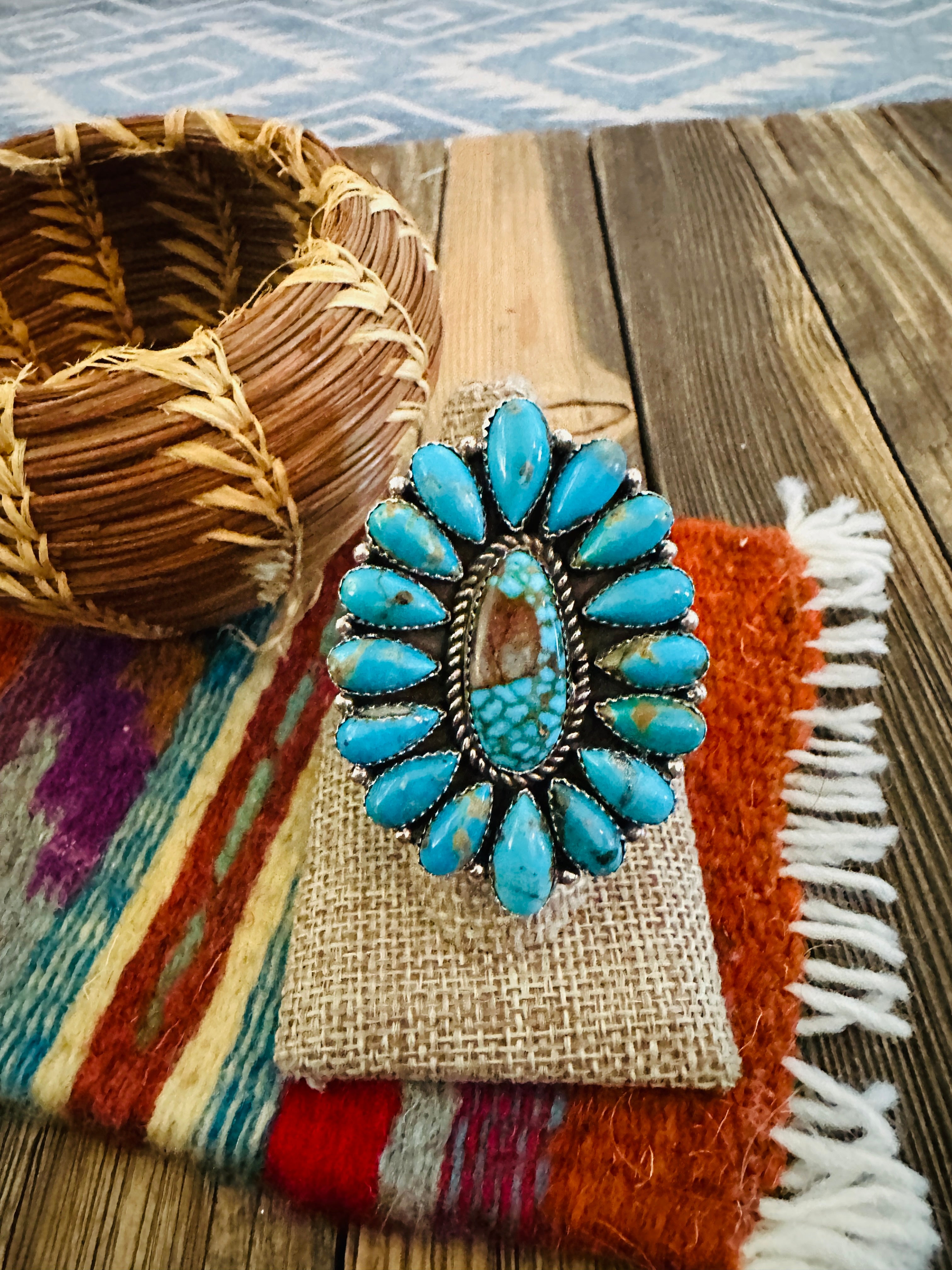 Handcrafted Turquoise & Sterling Silver Adjustable Cluster Ring