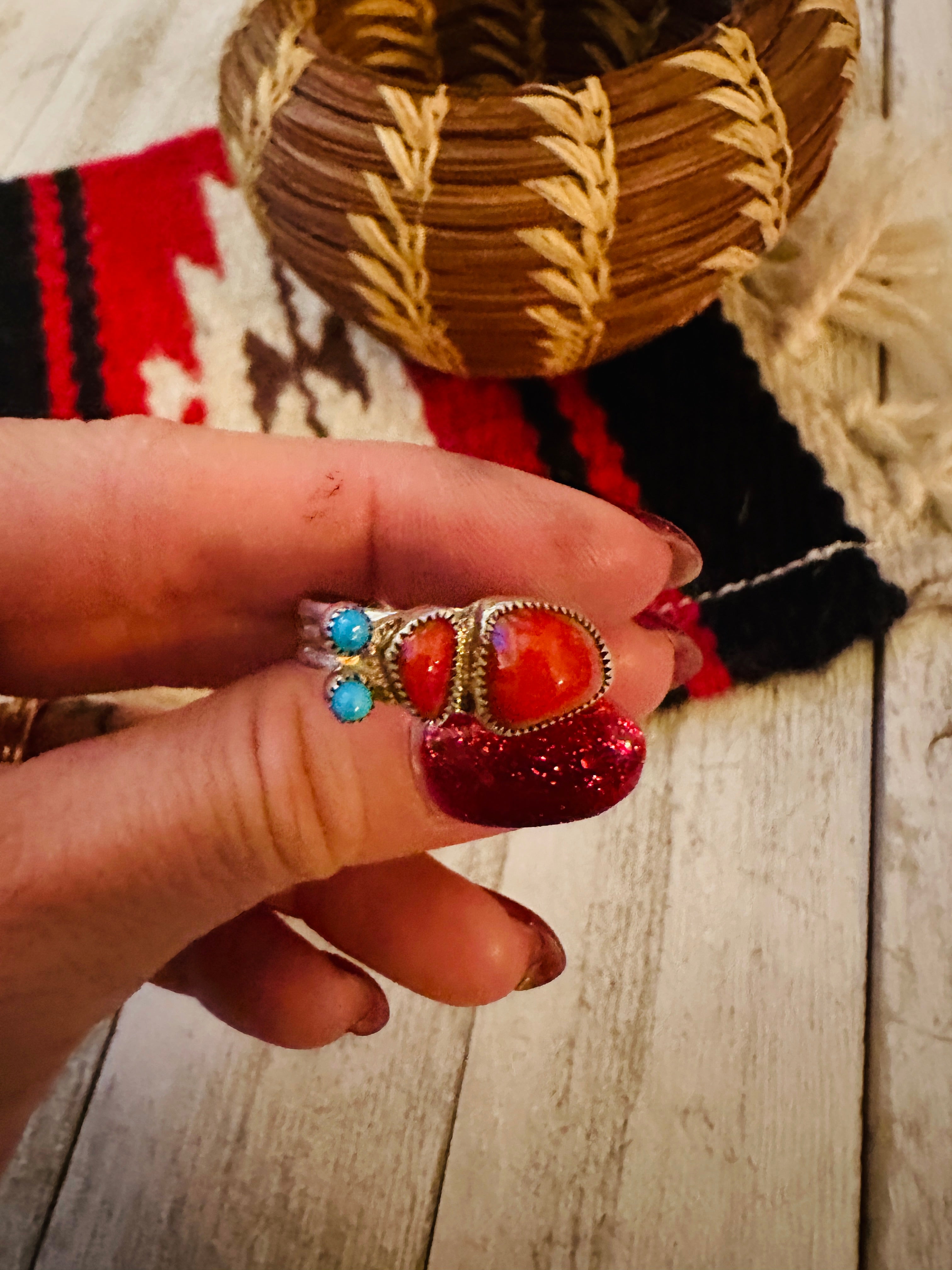 Navajo Coral, Turquoise & Sterling Silver Inlay Ring Size 7