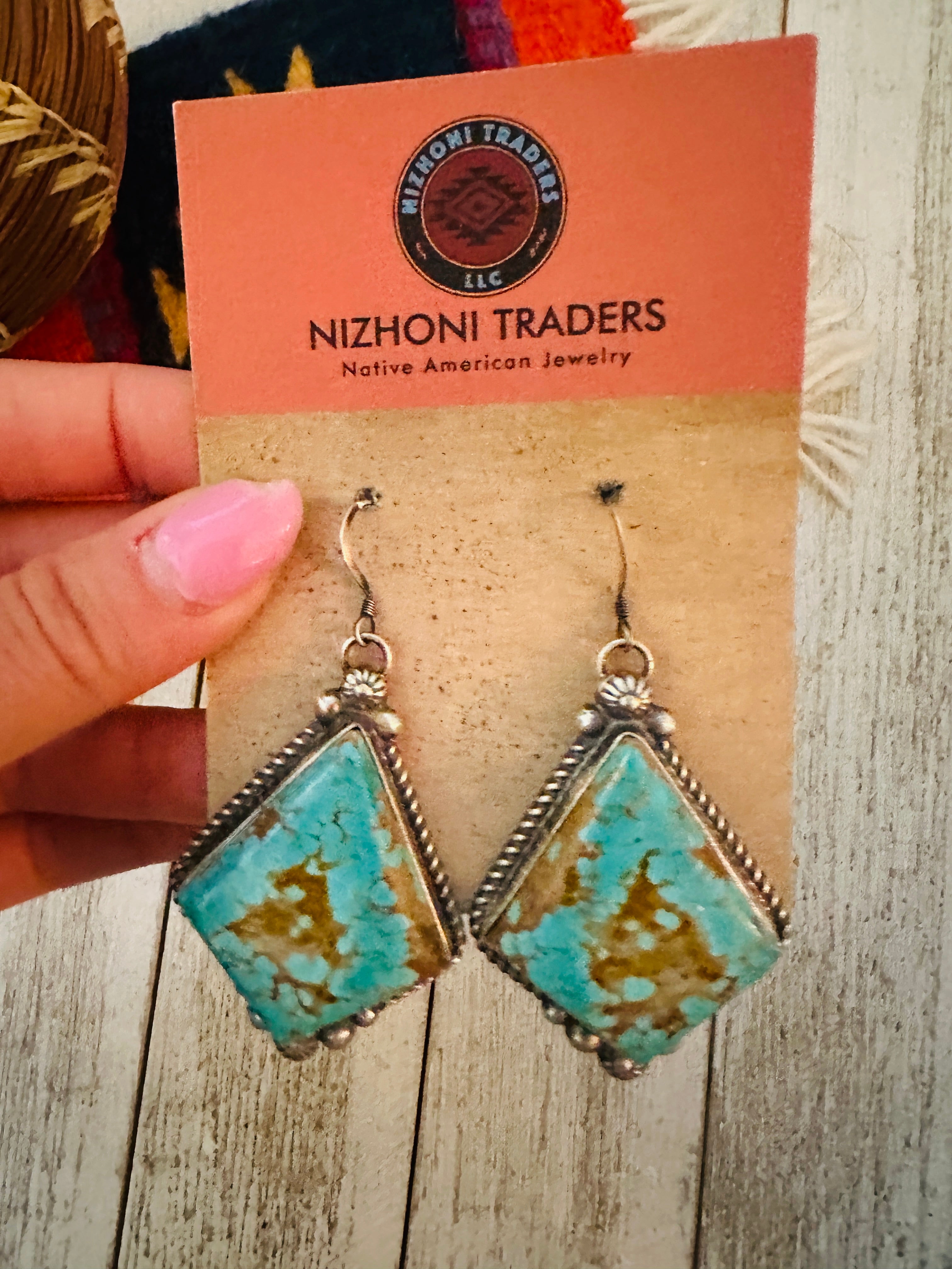 Navajo Number 8 Turquoise And Sterling Silver Dangle Earrings